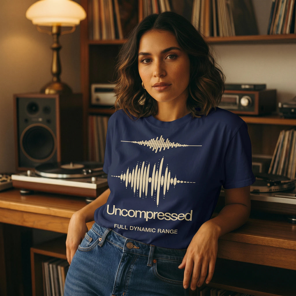 Woman wearing a blue t-shirt with a sound wave design and text in a room with records and audio equipment.