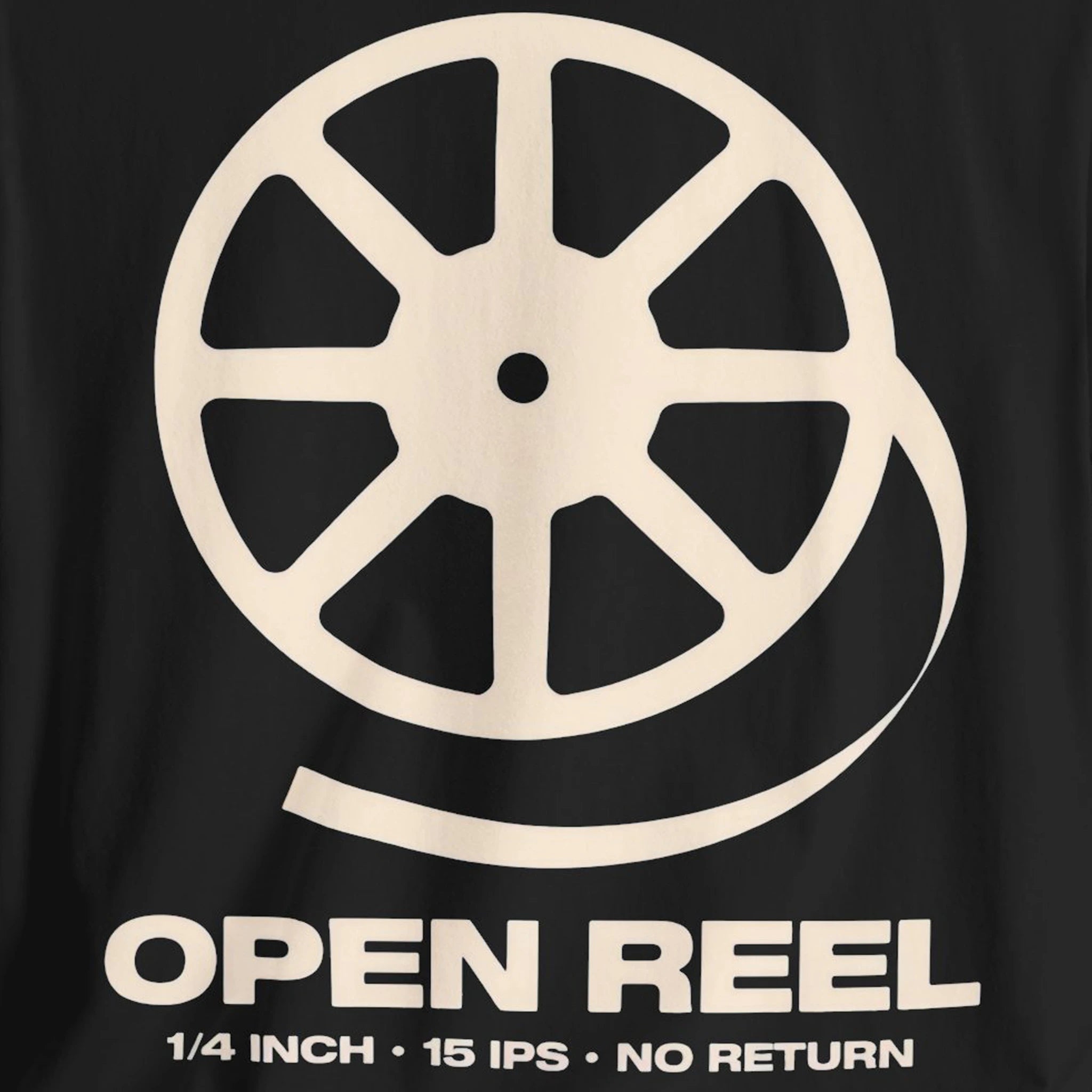 Black t-shirt with a white reel-to-reel tape design and text on a black background