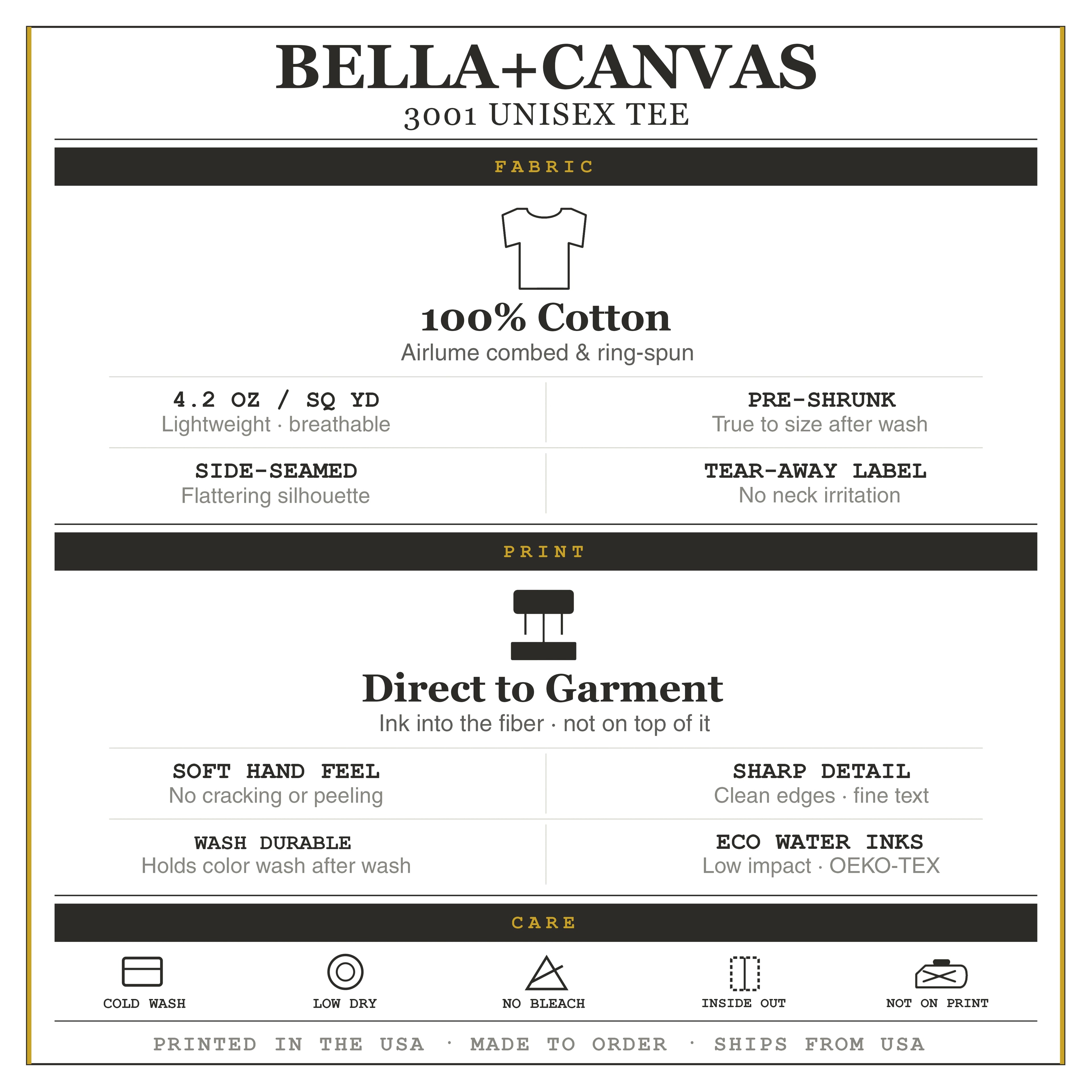 Bella+Canvas t-shirt information sheet with fabric, print, care, and origin details.