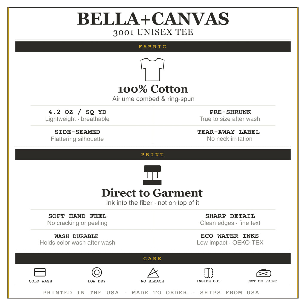 Bella+Canvas t-shirt information sheet with fabric, print, care, and origin details.