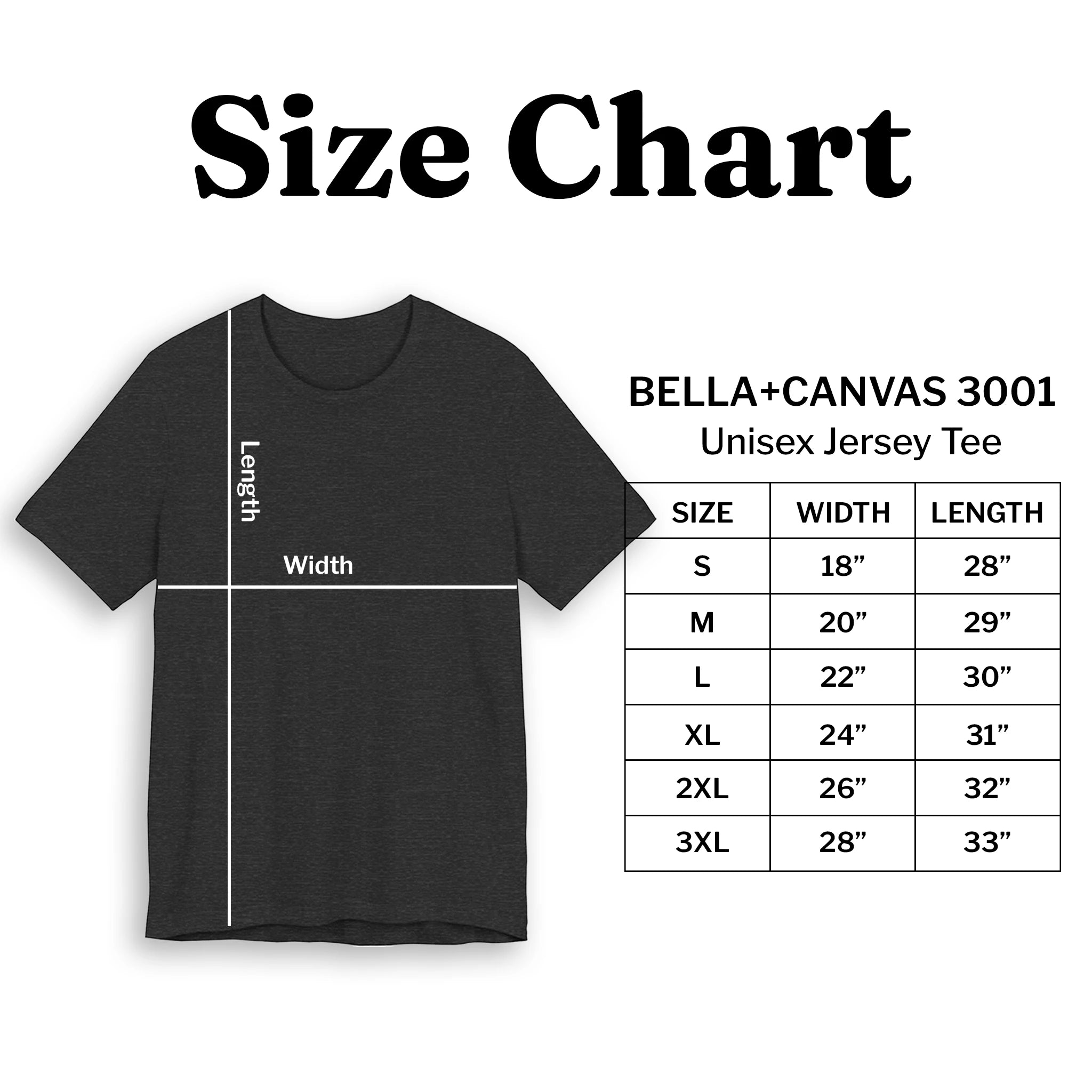 Size chart for Bella+Canvas 3001 unisex jersey tee with a black t-shirt illustration.