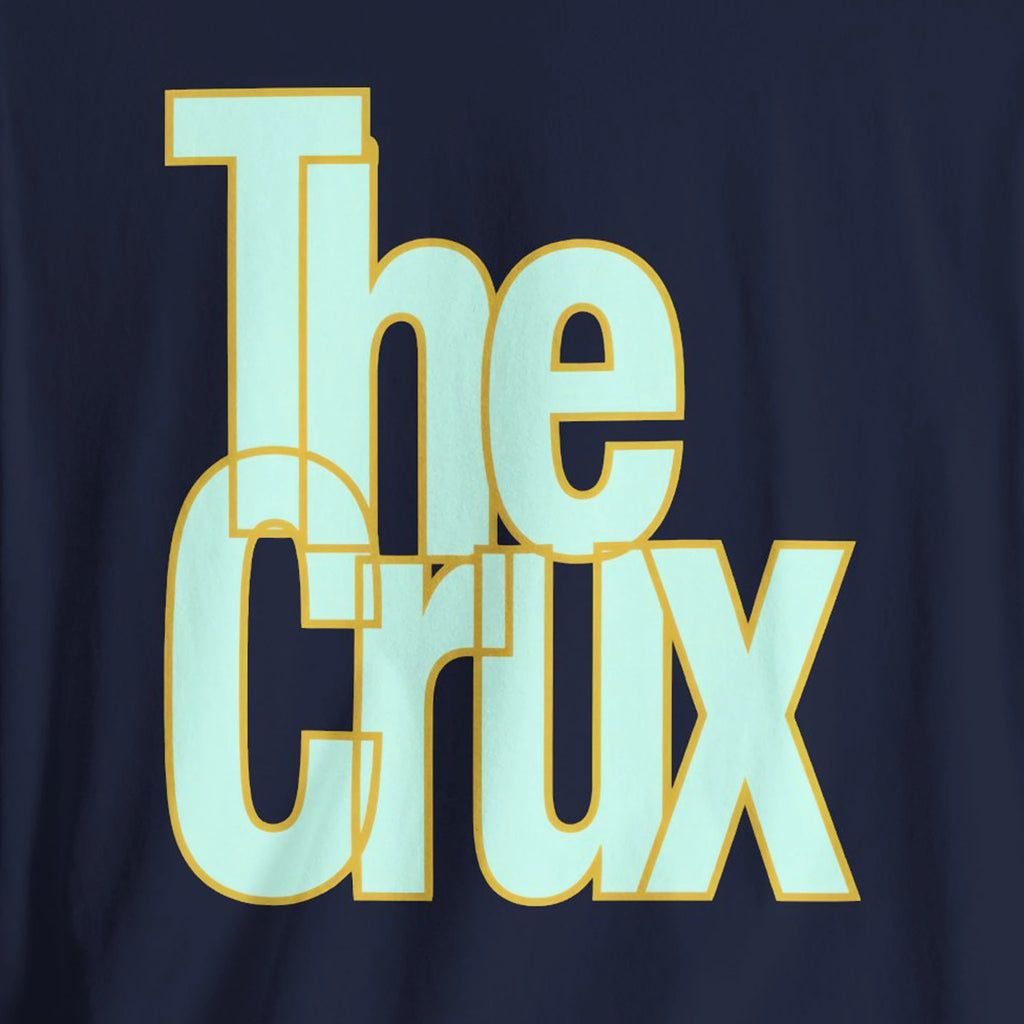 Text 'The Crux' in light blue and gold on a dark blue background