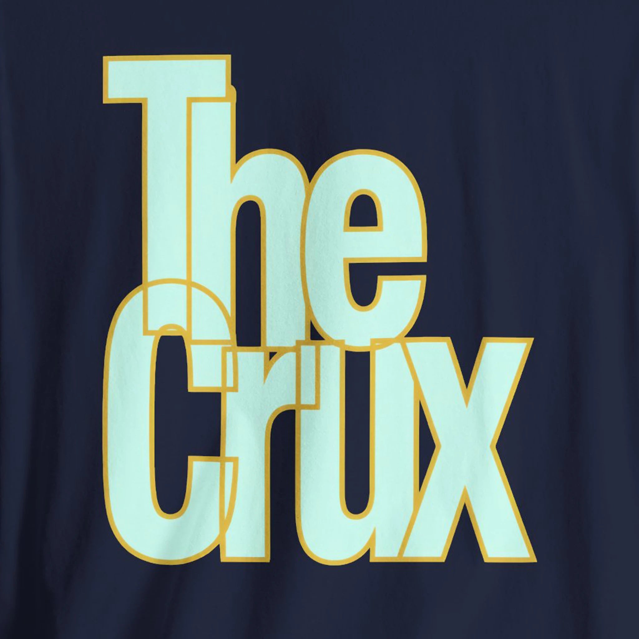 Text 'The Crux' in light blue and gold on a dark blue background