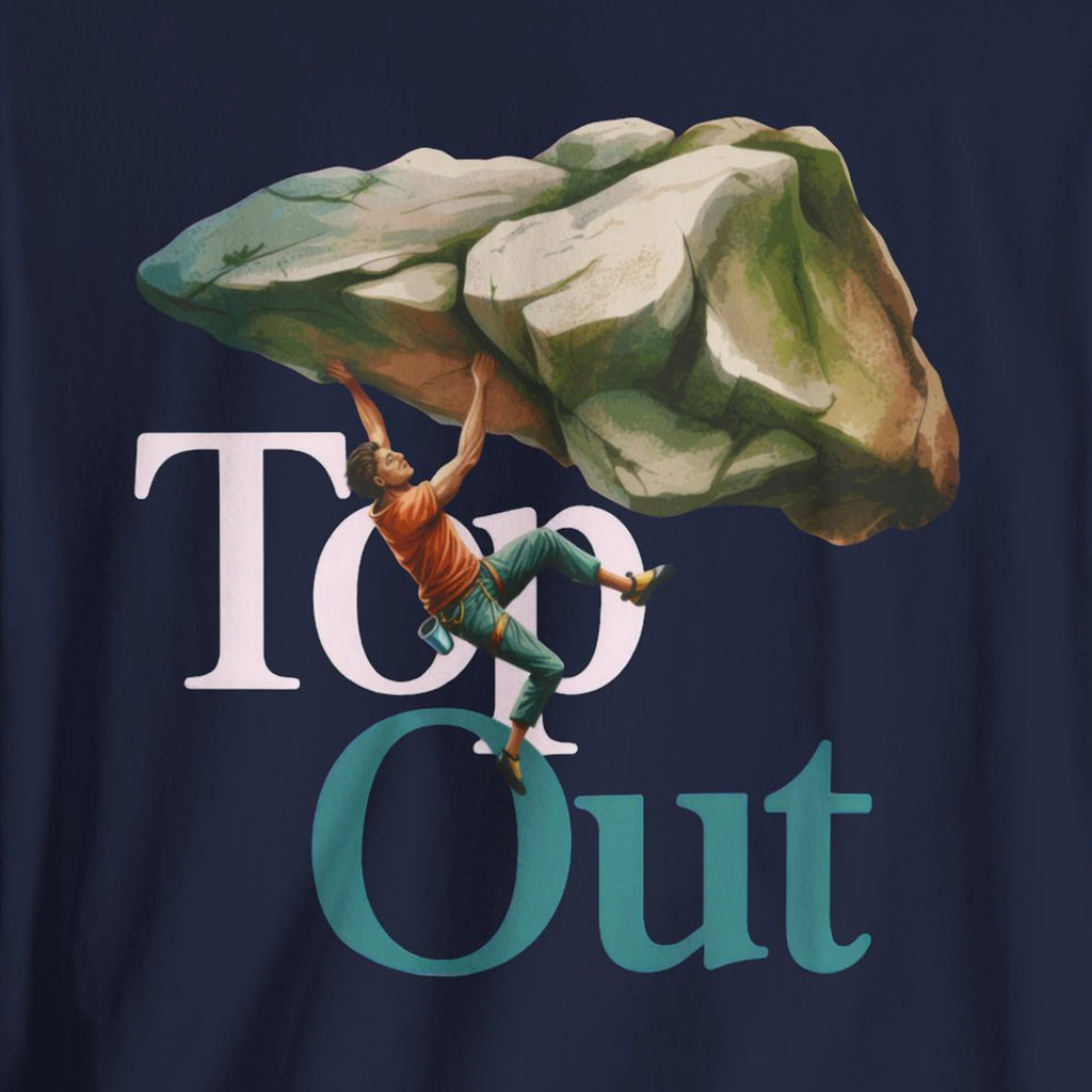 T-shirt design with a climber and 'Top Out' text on a navy background
