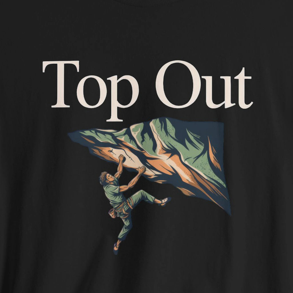 Black t-shirt with 'Top Out' text and climbing graphic on a dark background