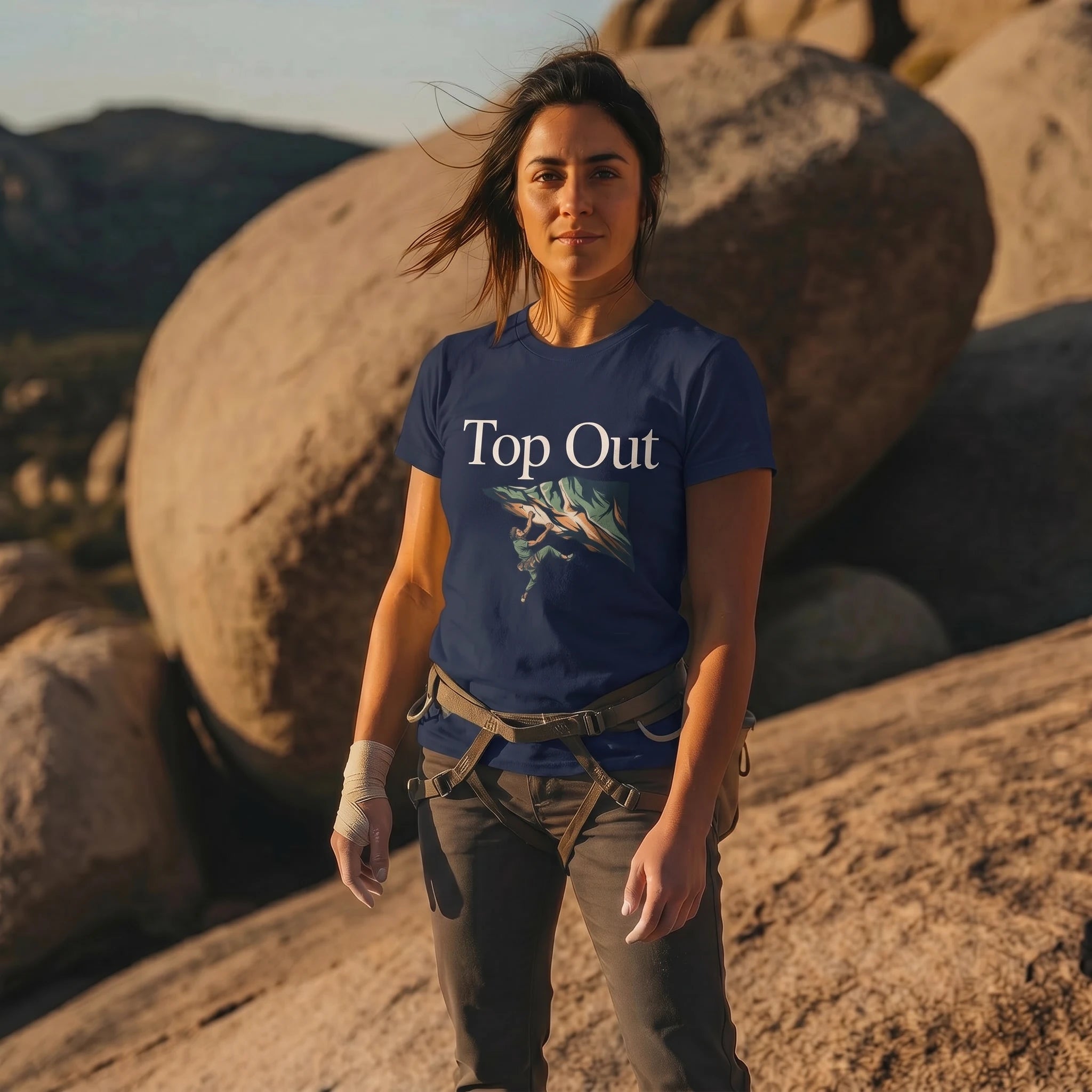 Person wearing a 'Top Out' t-shirt in a desert landscape with large rocks.