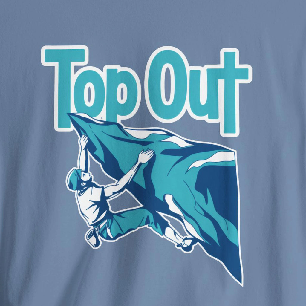 T-shirt with a graphic of a climber and 'Top Out' text on a blue background