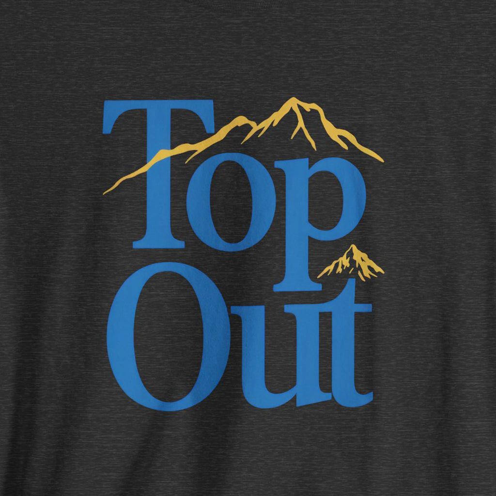 Black t-shirt with 'Top Out' text and mountain graphics in blue and yellow.