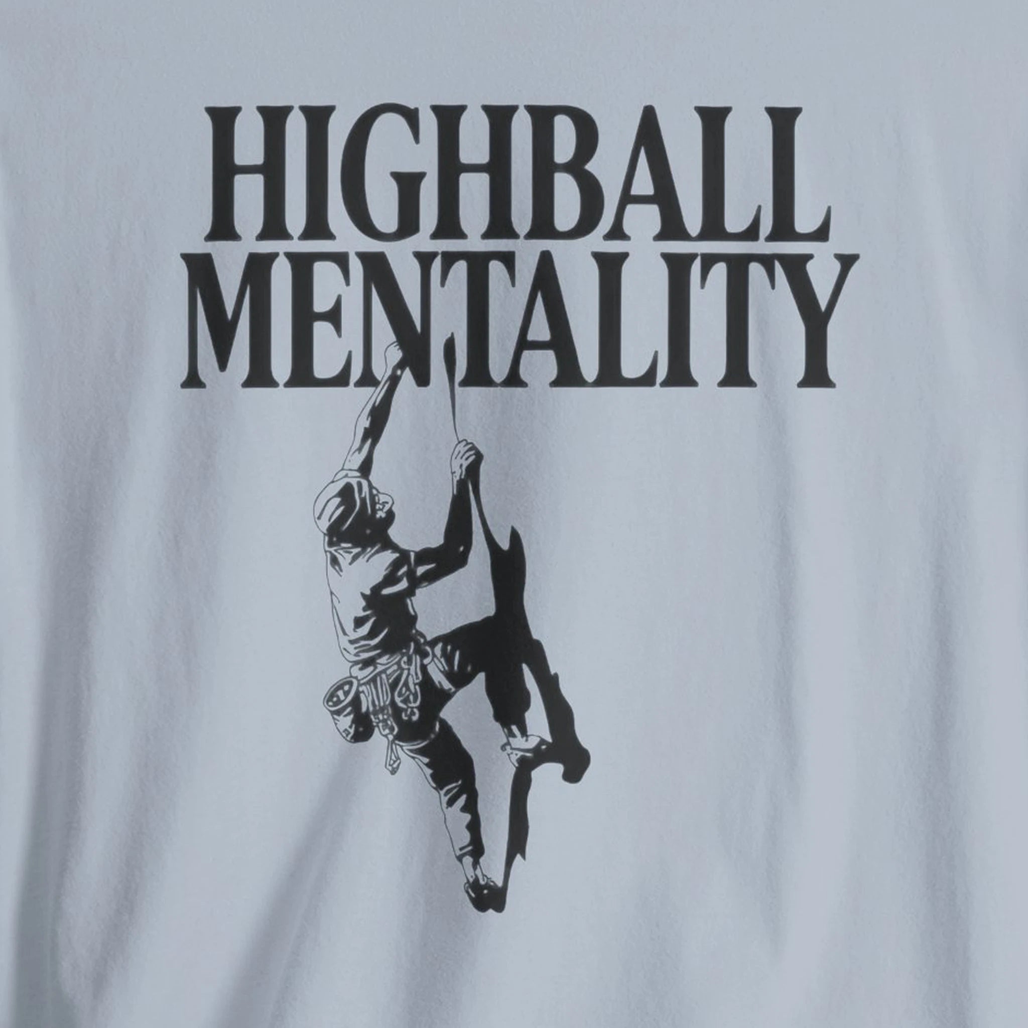 Light blue t-shirt with 'Highball Mentality' text and graphic of a person climbing.