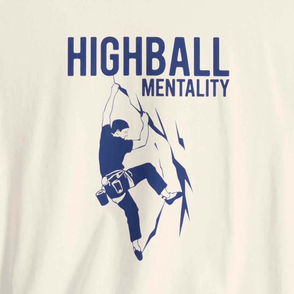 Beige t-shirt with blue graphic of a person climbing and 'Highball Mentality' text.