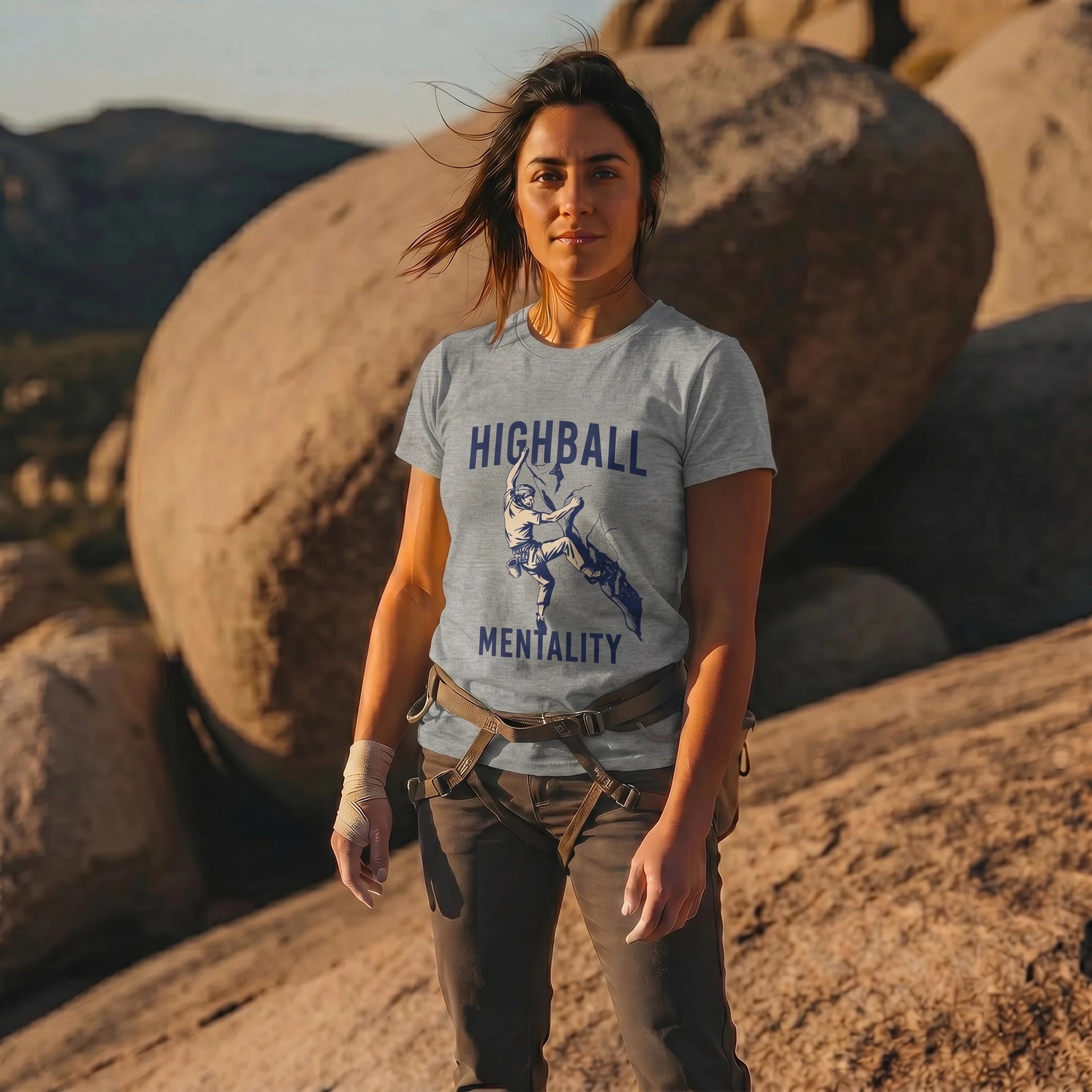 Woman standing in a desert landscape wearing a 'Highball Mentality' t-shirt.