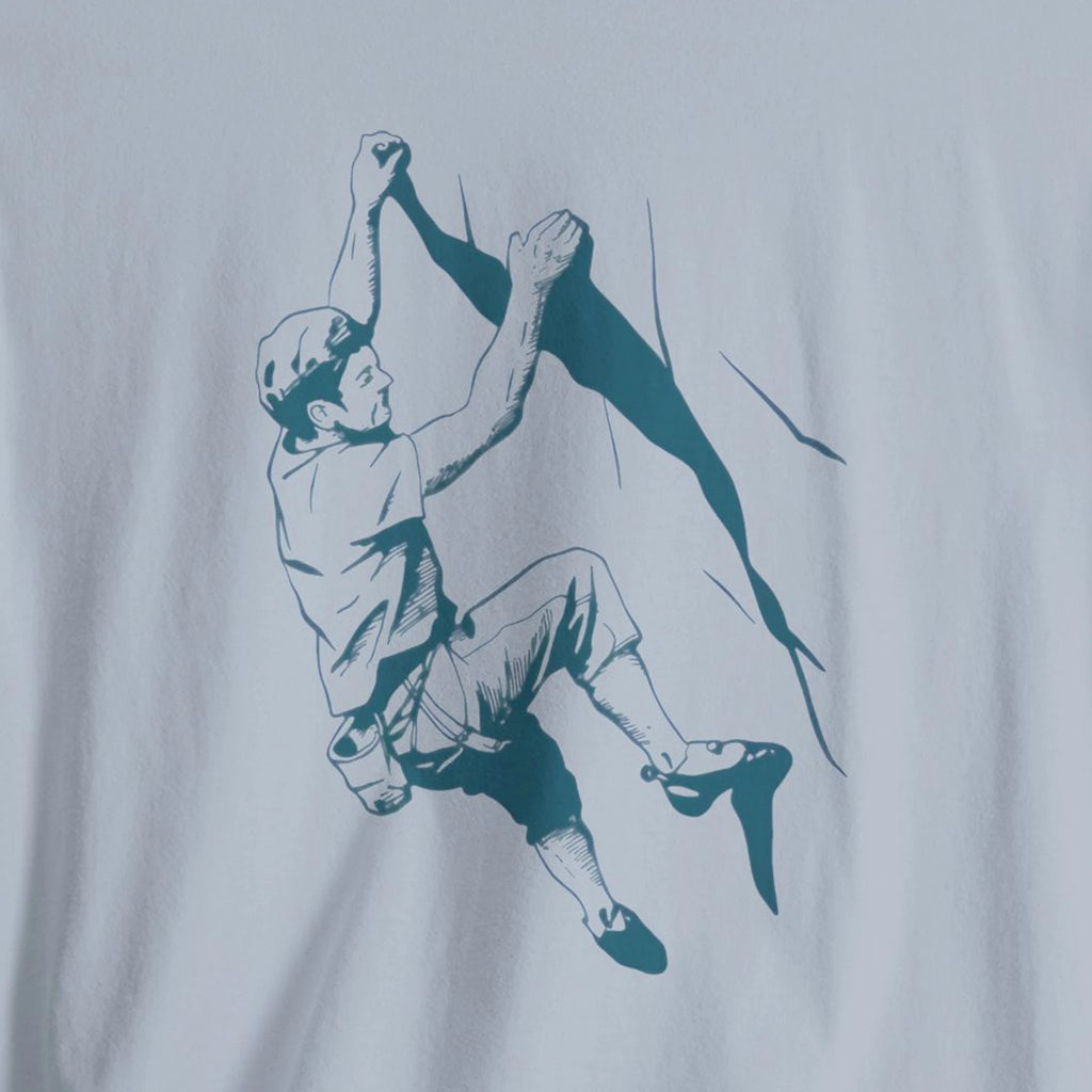 T-shirt with a graphic of a climber on a gray background