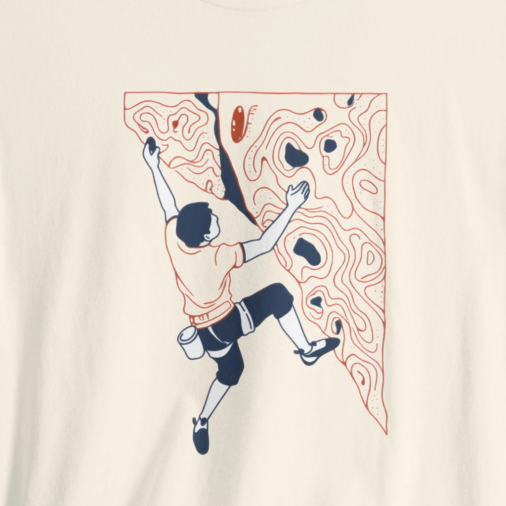 Illustration of a person climbing a rock wall on a beige background