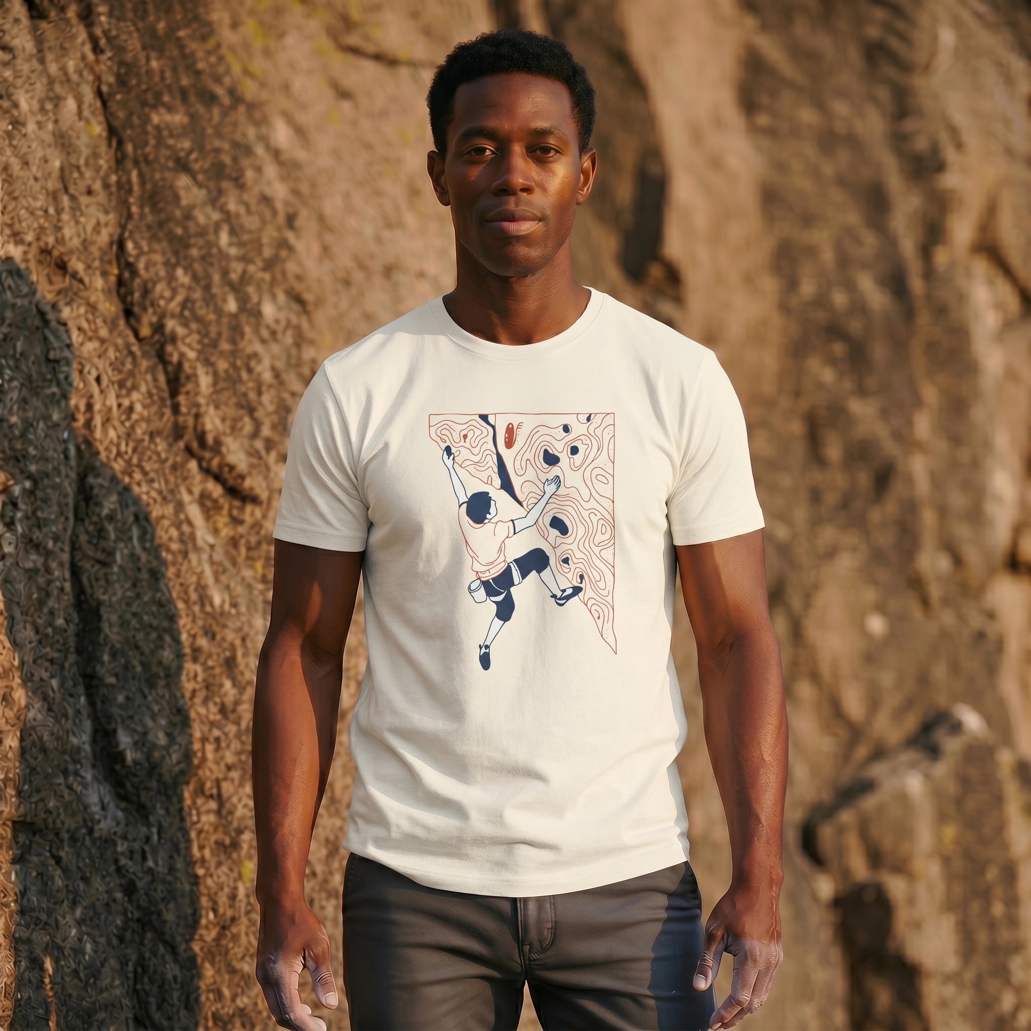 Man wearing a white t-shirt with a graphic design standing against a natural stone wall.