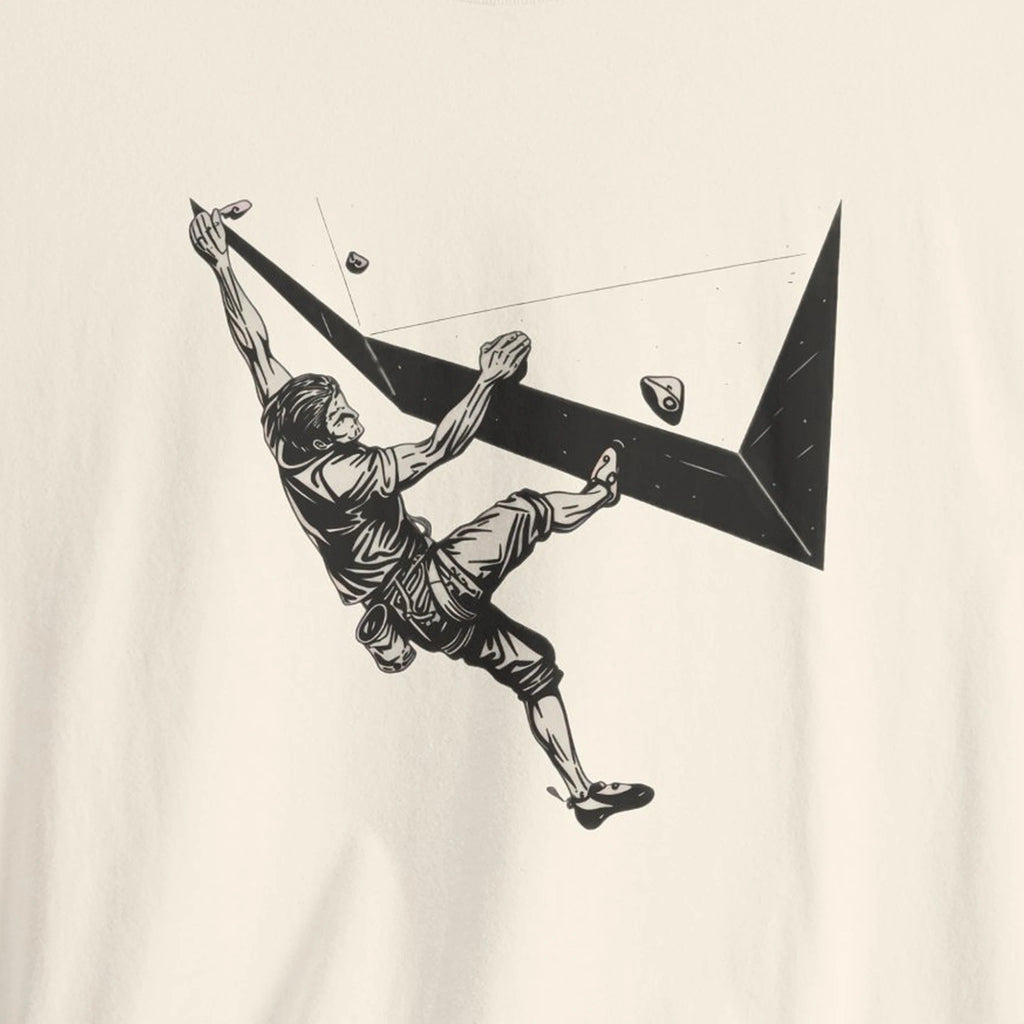 Illustration of a climber on a rock face with a geometric design on a beige background