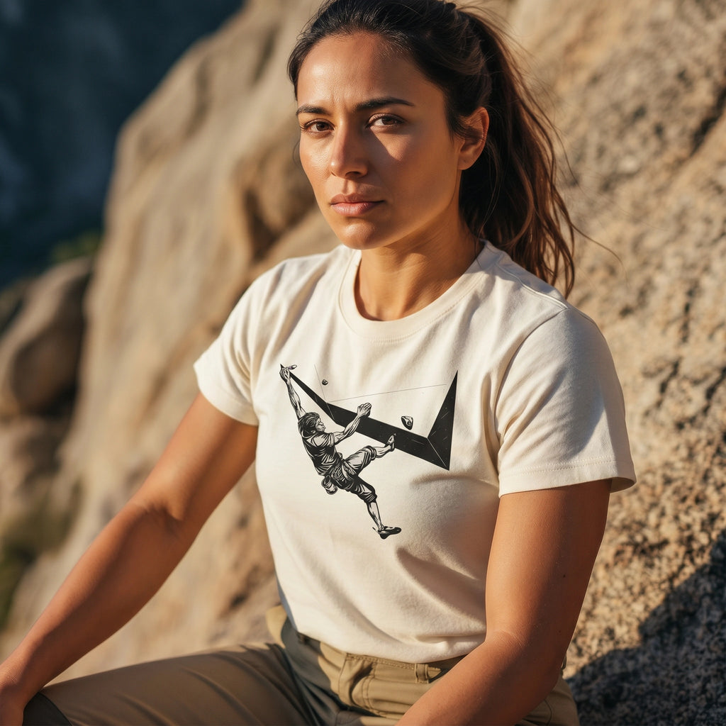 Woman wearing a t-shirt with a climbing graphic design sitting against a rocky background
