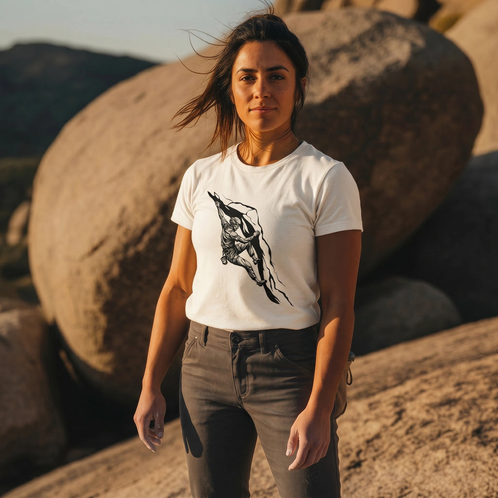 Woman wearing a white t-shirt with a black graphic climbing design in a desert setting