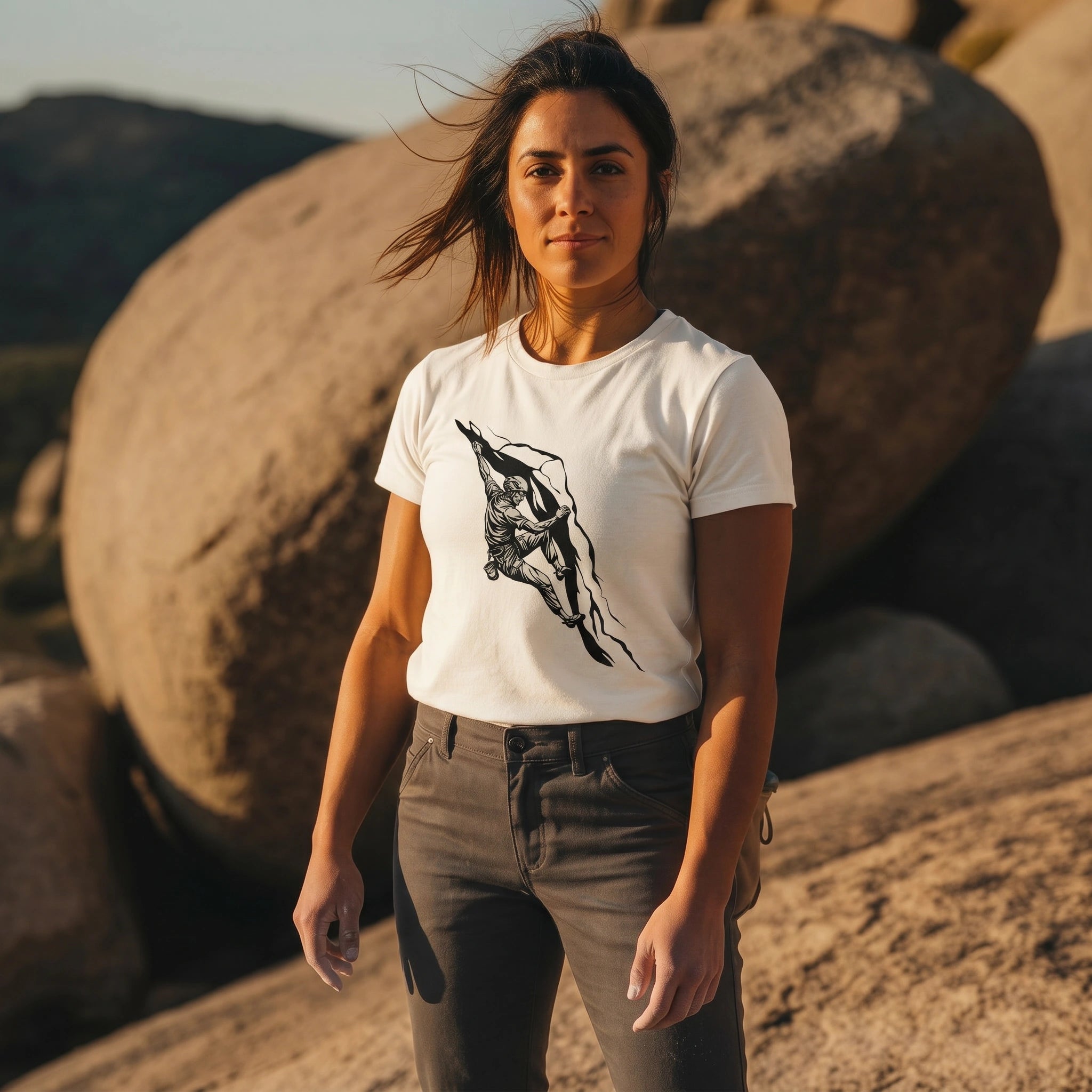 Woman wearing a white t-shirt with a black graphic climbing design in a desert setting