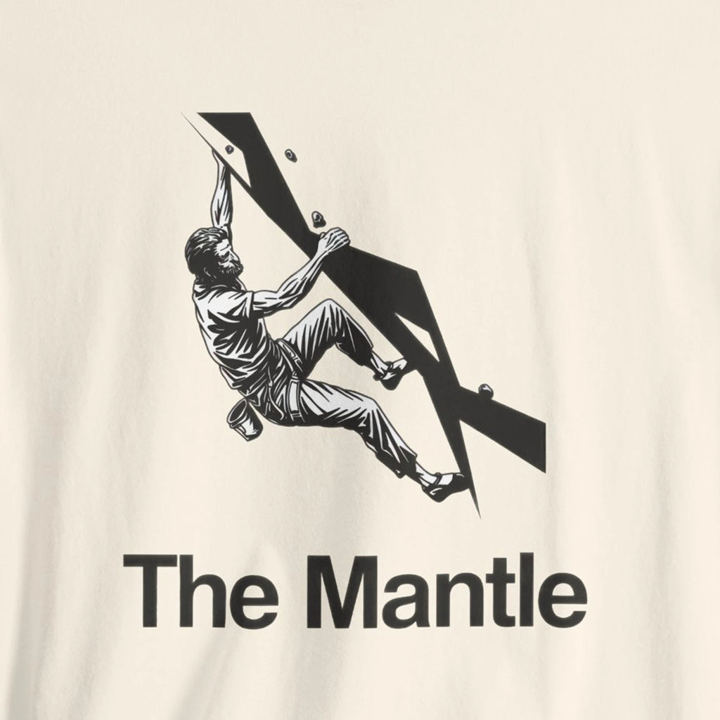 Logo of 'The Mantle' with a black and white illustration of a person climbing on a beige background