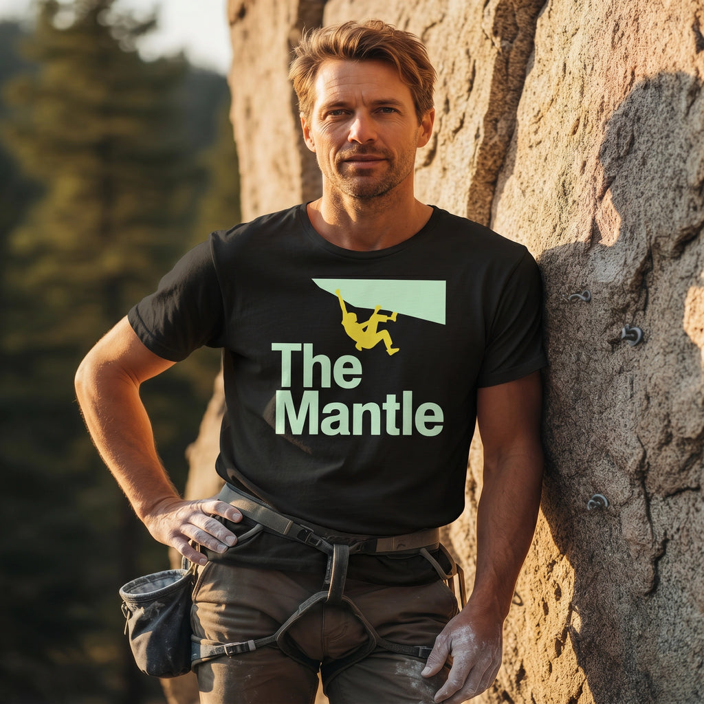 Man wearing a 'The Mantle' t-shirt leaning against a rock wall with climbing gear.