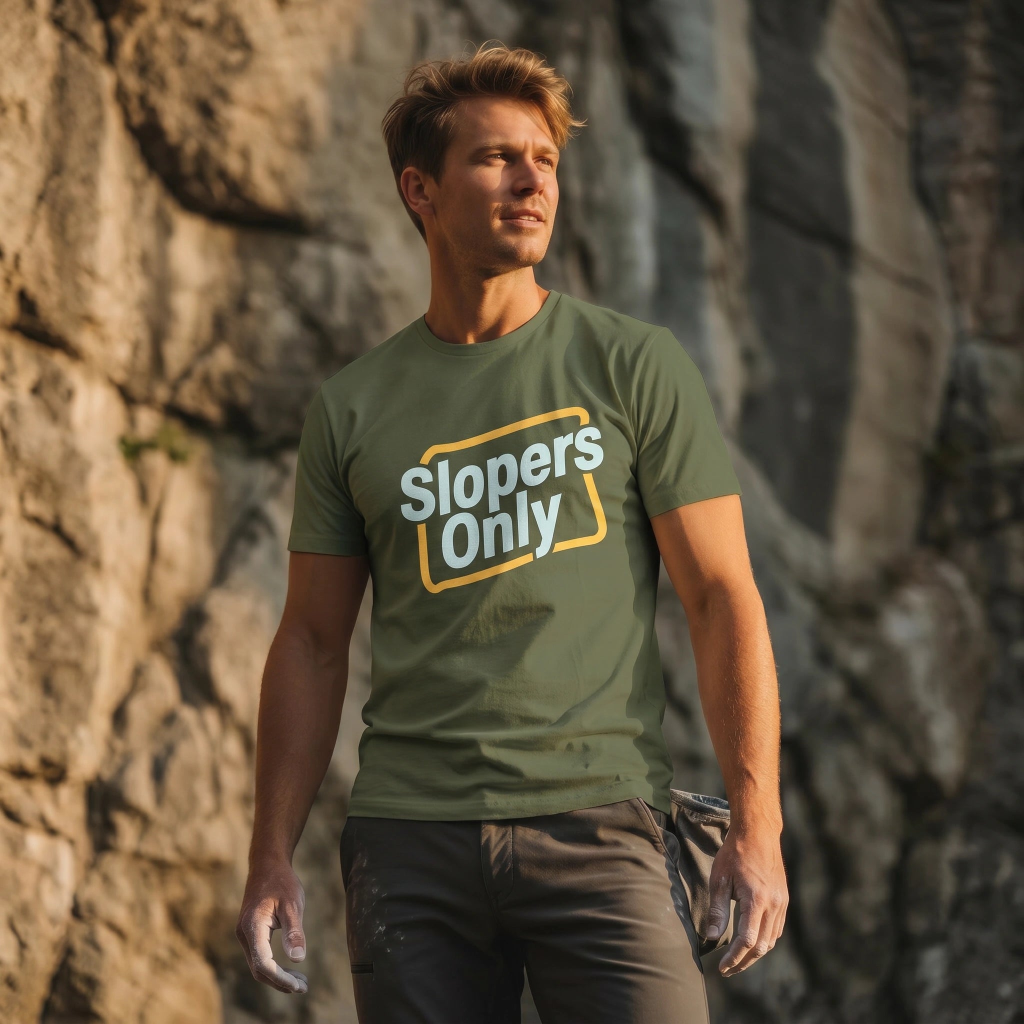Man wearing a green t-shirt with 'Slopers Only' text against a stone wall.