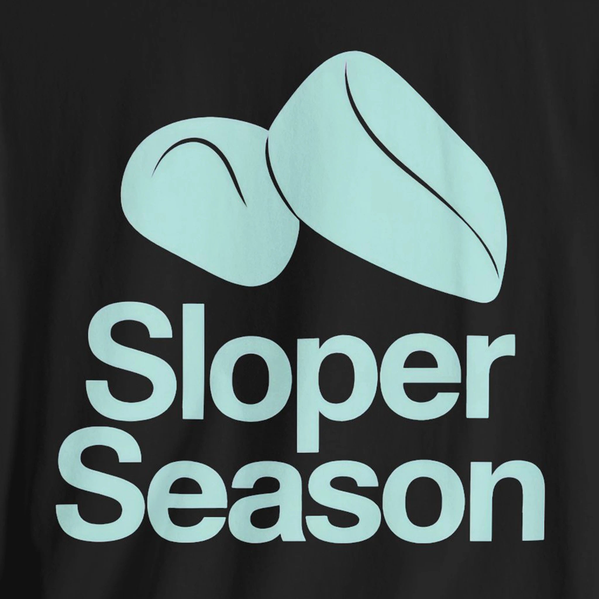 Black shirt with light blue text 'Sloper Season' and illustrations on a black background