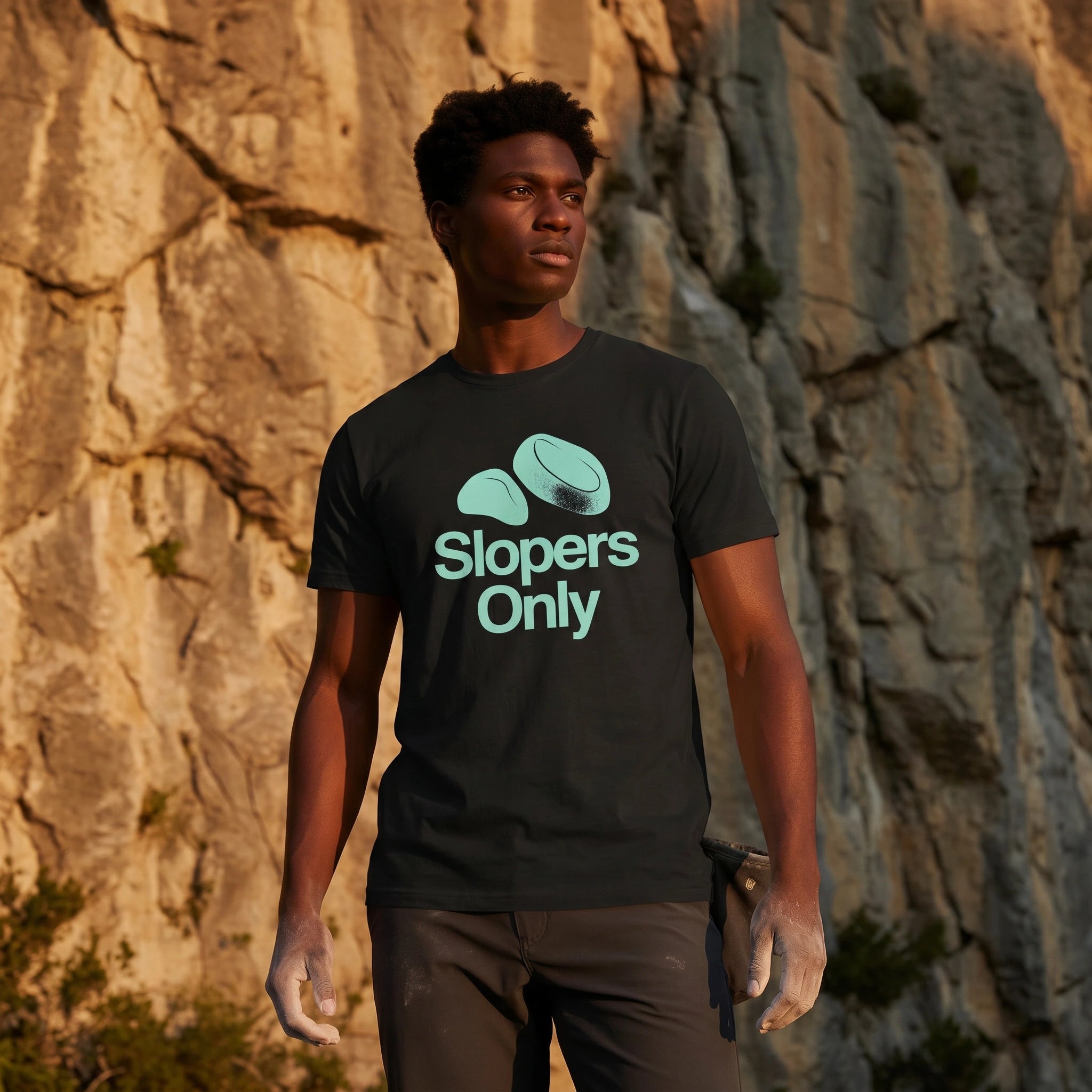 Person wearing a 'Slopers Only' t-shirt standing against a rocky cliff.