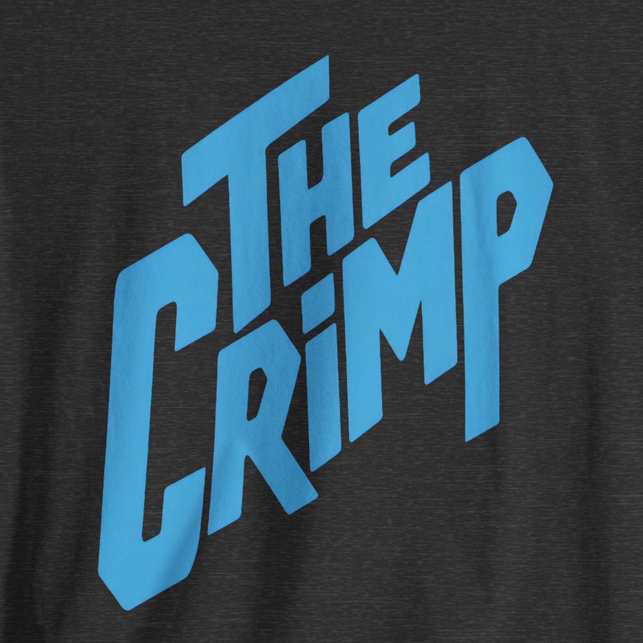 Black t-shirt with blue 'The Crimp' text design