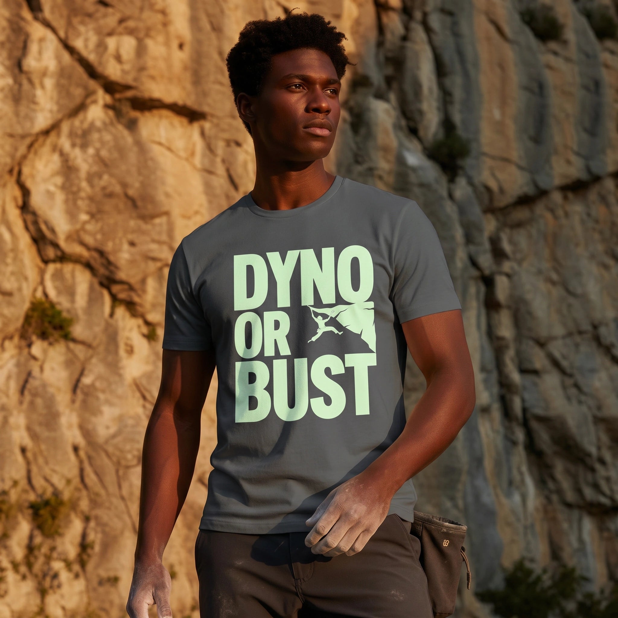 Person wearing a t-shirt with 'Dyno or Bust' text against a rocky background