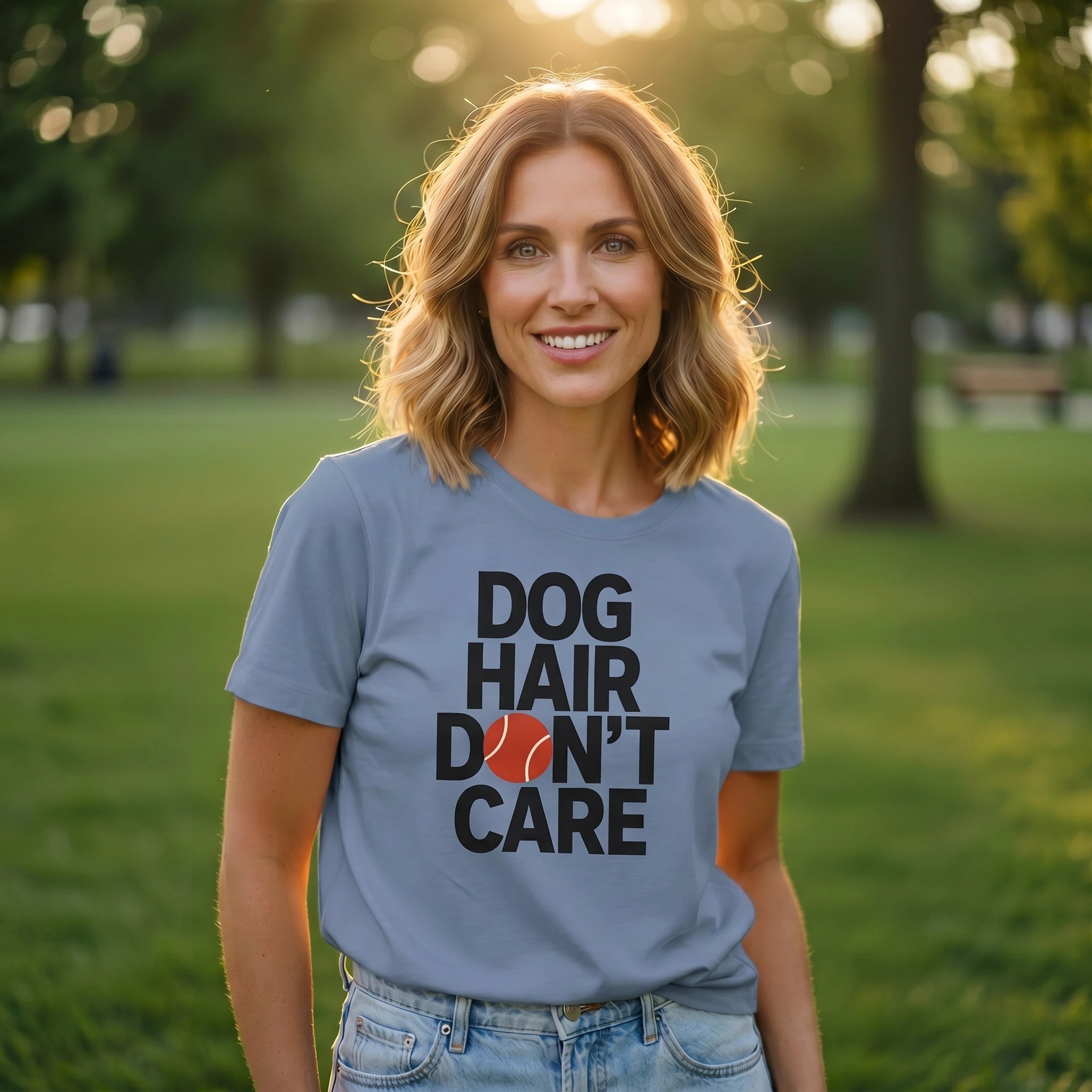 Woman wearing a t-shirt with 'Dog Hair Don't Care' text in a park setting
