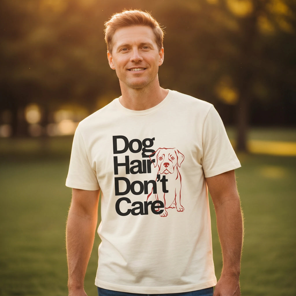 Man wearing a t-shirt with 'Dog Hair Don't Care' text and dog illustration outdoors.