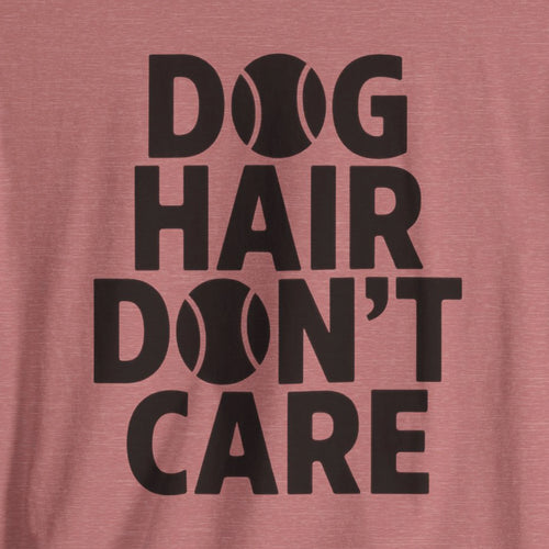 Pink t-shirt with black text 'DOG HAIR DON'T CARE' on a pink background