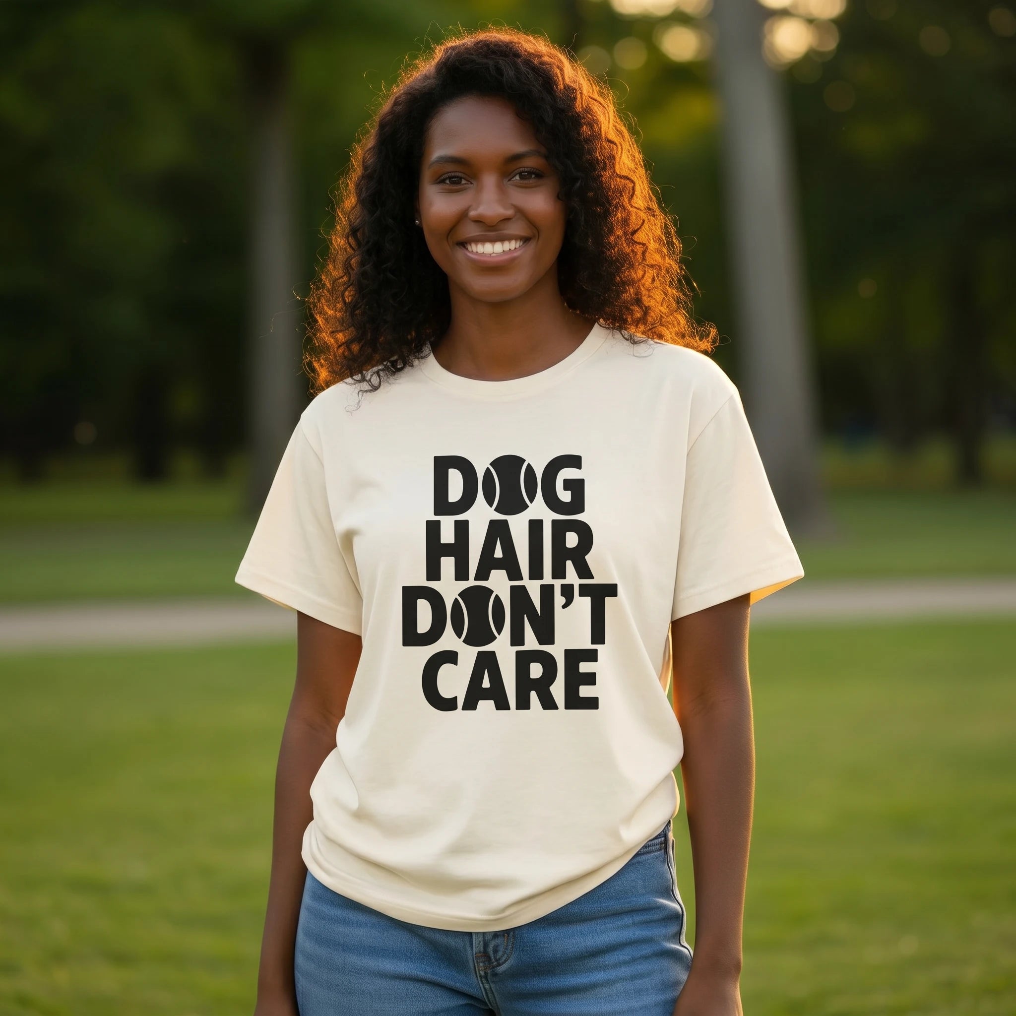 Person wearing a 'Dog Hair Don't Care' t-shirt in an outdoor setting