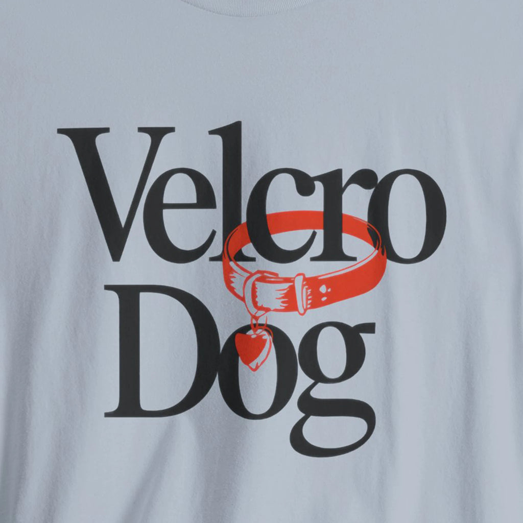 Gray t-shirt with 'Velcro Dog' text and logo on a light gray background