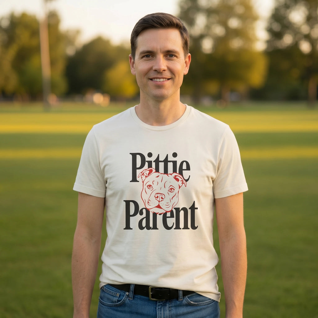 Man wearing a 'Pittie Parent' t-shirt in a park setting
