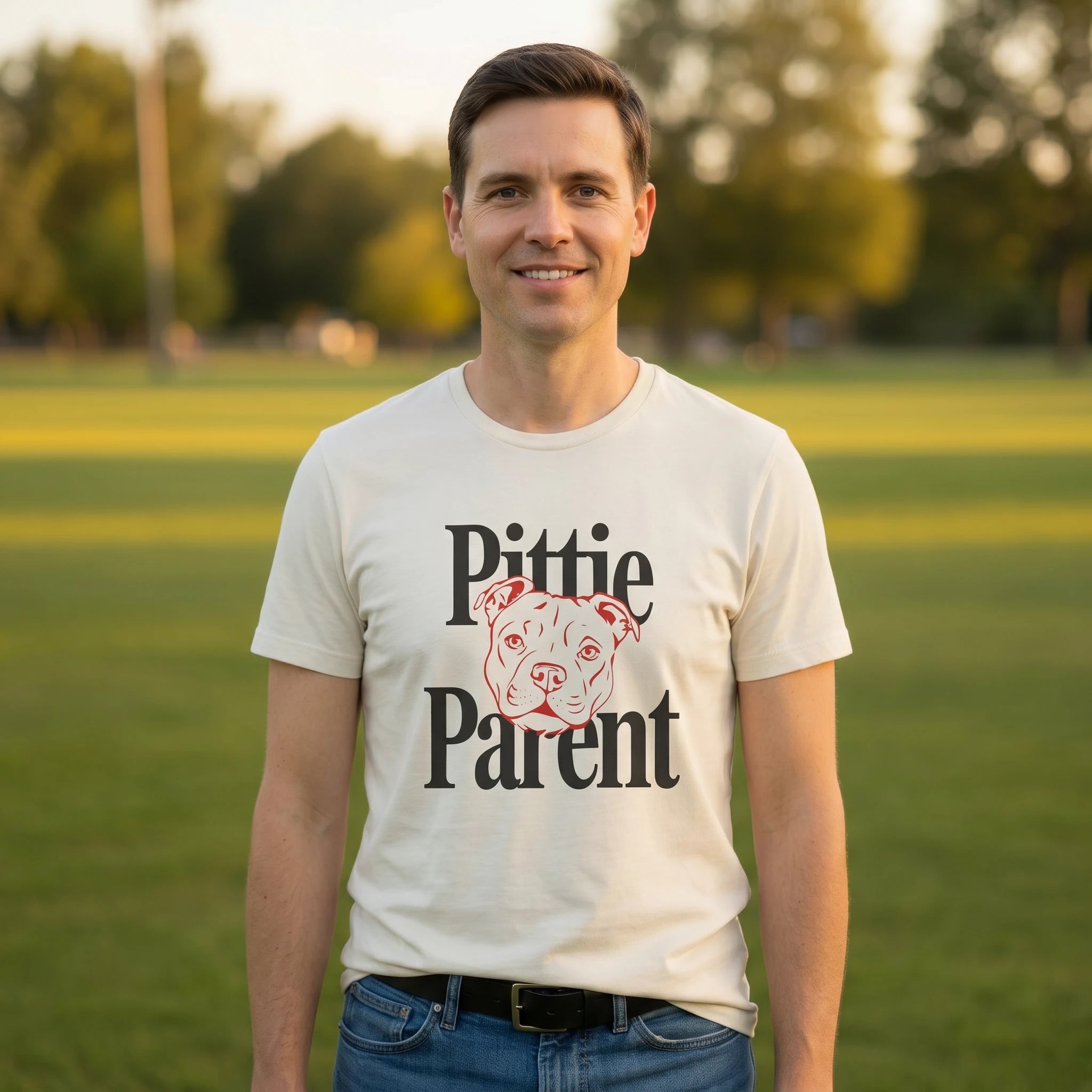Man wearing a 'Pittie Parent' t-shirt in a park setting