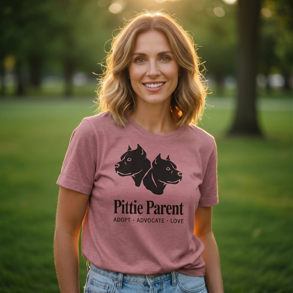 Woman wearing a mauve t-shirt with 'Pittie Parent' design outdoors.