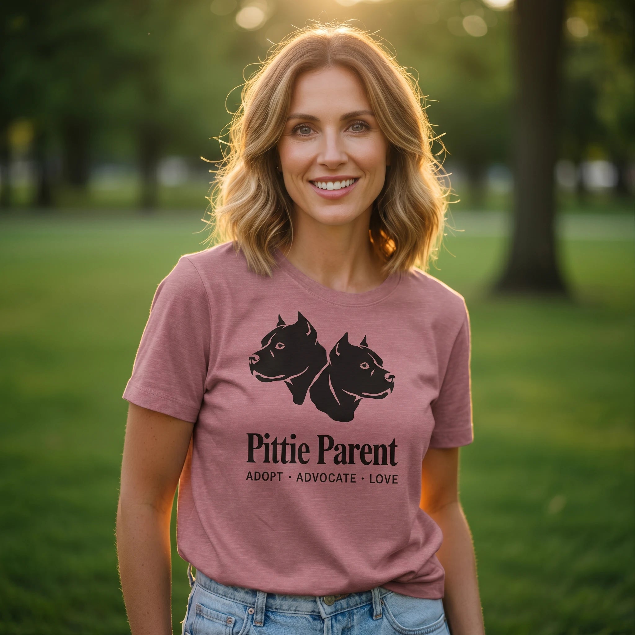 Woman wearing a mauve t-shirt with 'Pittie Parent' design outdoors.