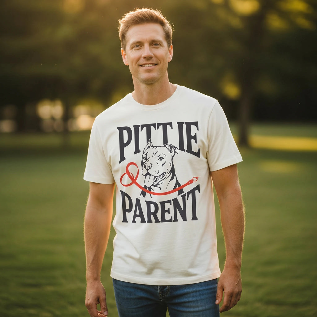 Man wearing a t-shirt with 'Pittie & Parent' graphic in a park