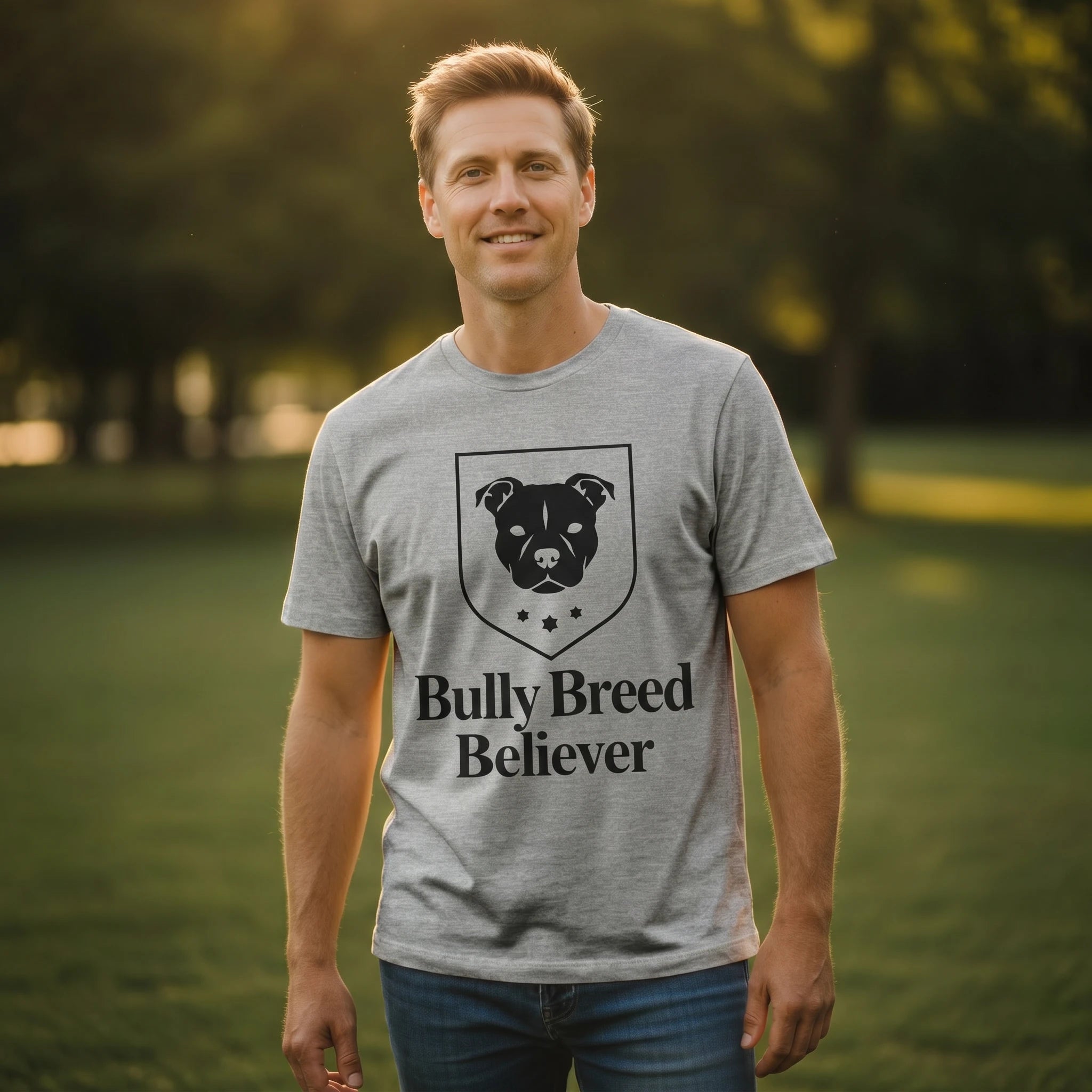 Man wearing a gray t-shirt with 'Bully Breed Believer' text and graphic outdoors.
