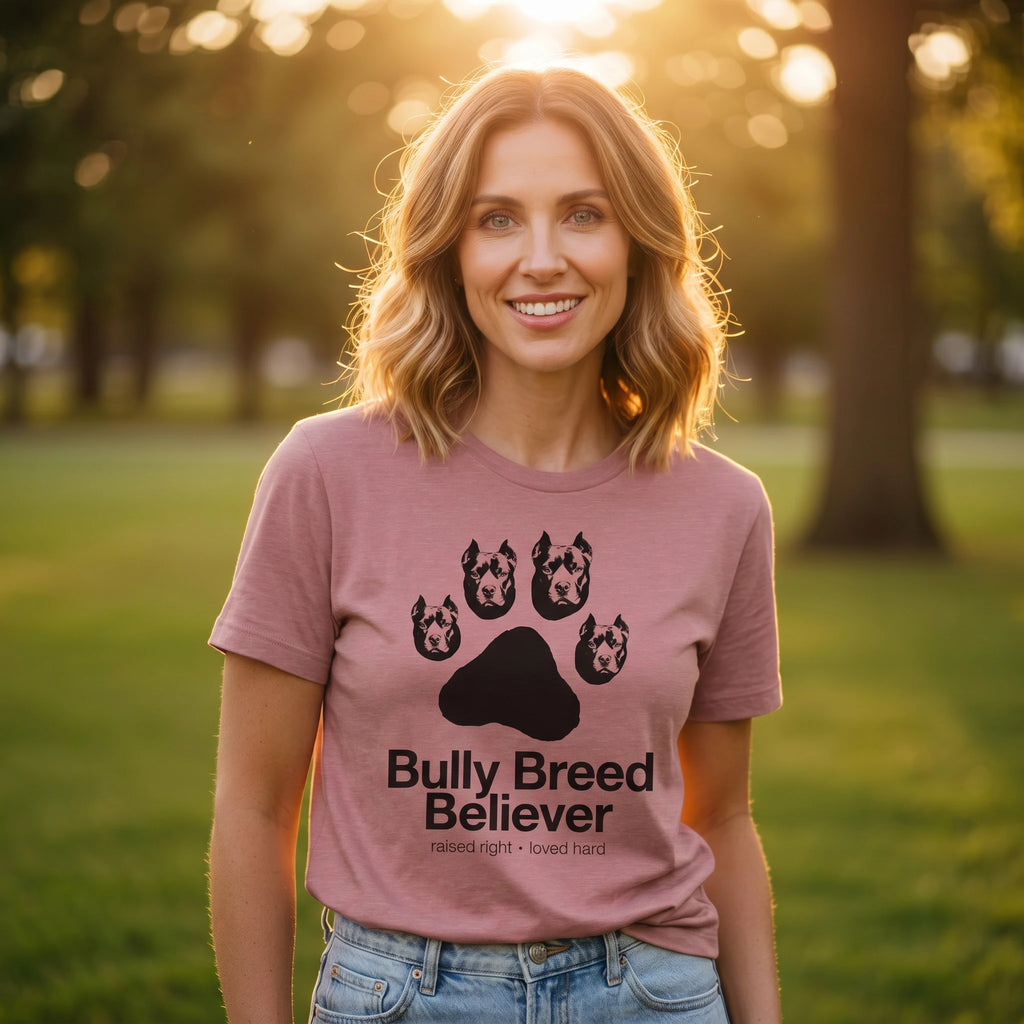 Woman wearing a mauve t-shirt with 'Bully Breed Believer' design in a park setting