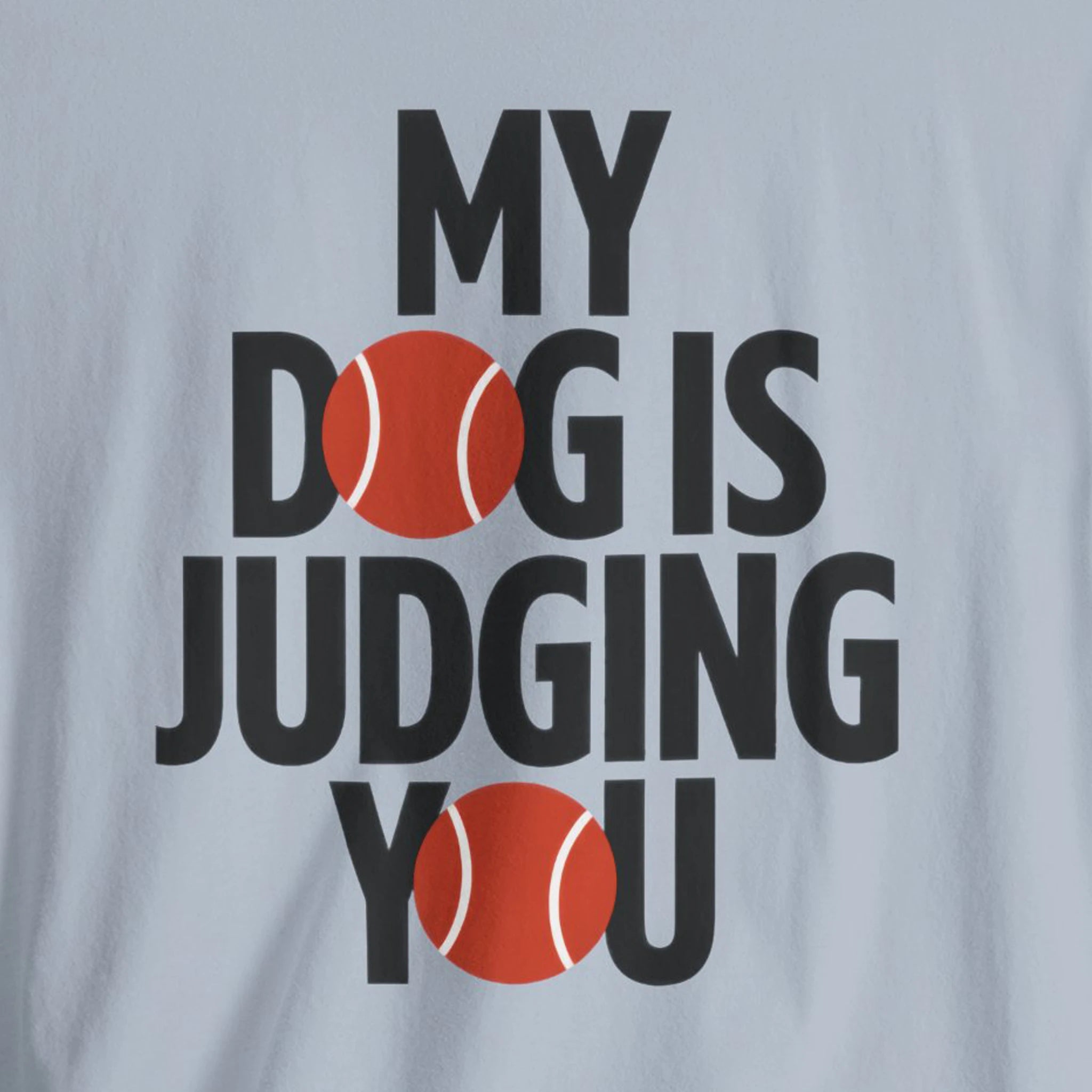 Light blue t-shirt with 'My dog is judging you' text and tennis ball graphics.