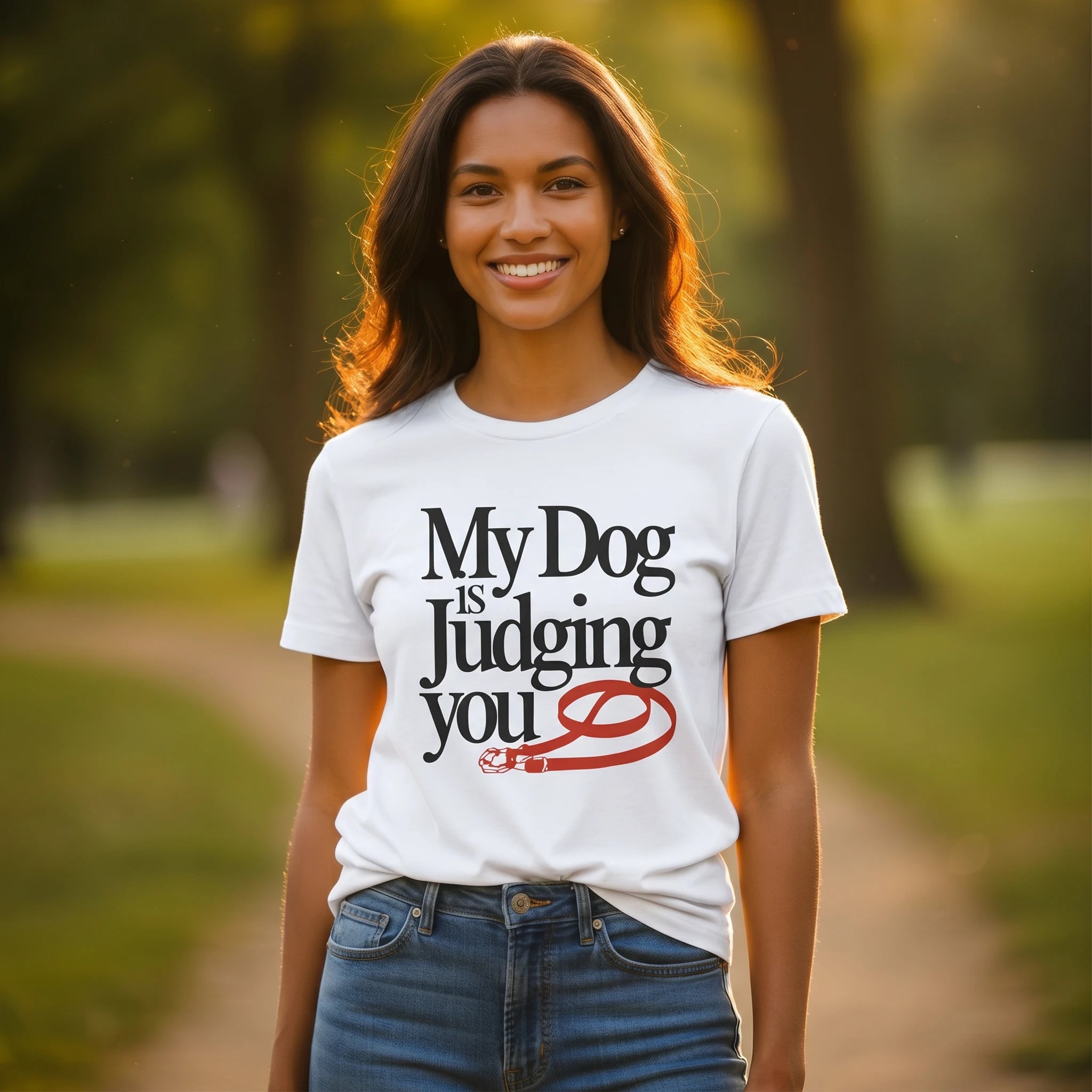 Woman wearing a white t-shirt with 'My Dog is Judging You' text in a park setting