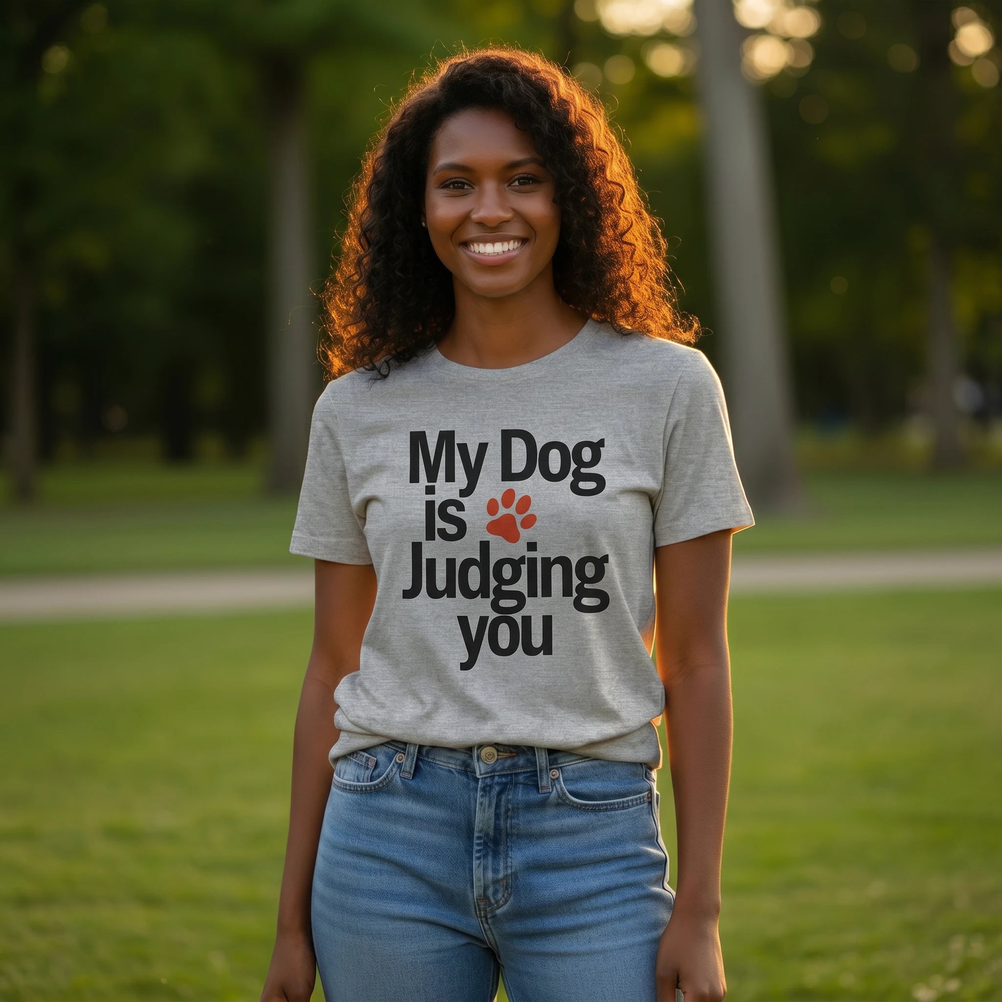 Woman wearing a t-shirt with 'My Dog is Judging You' text in a park setting