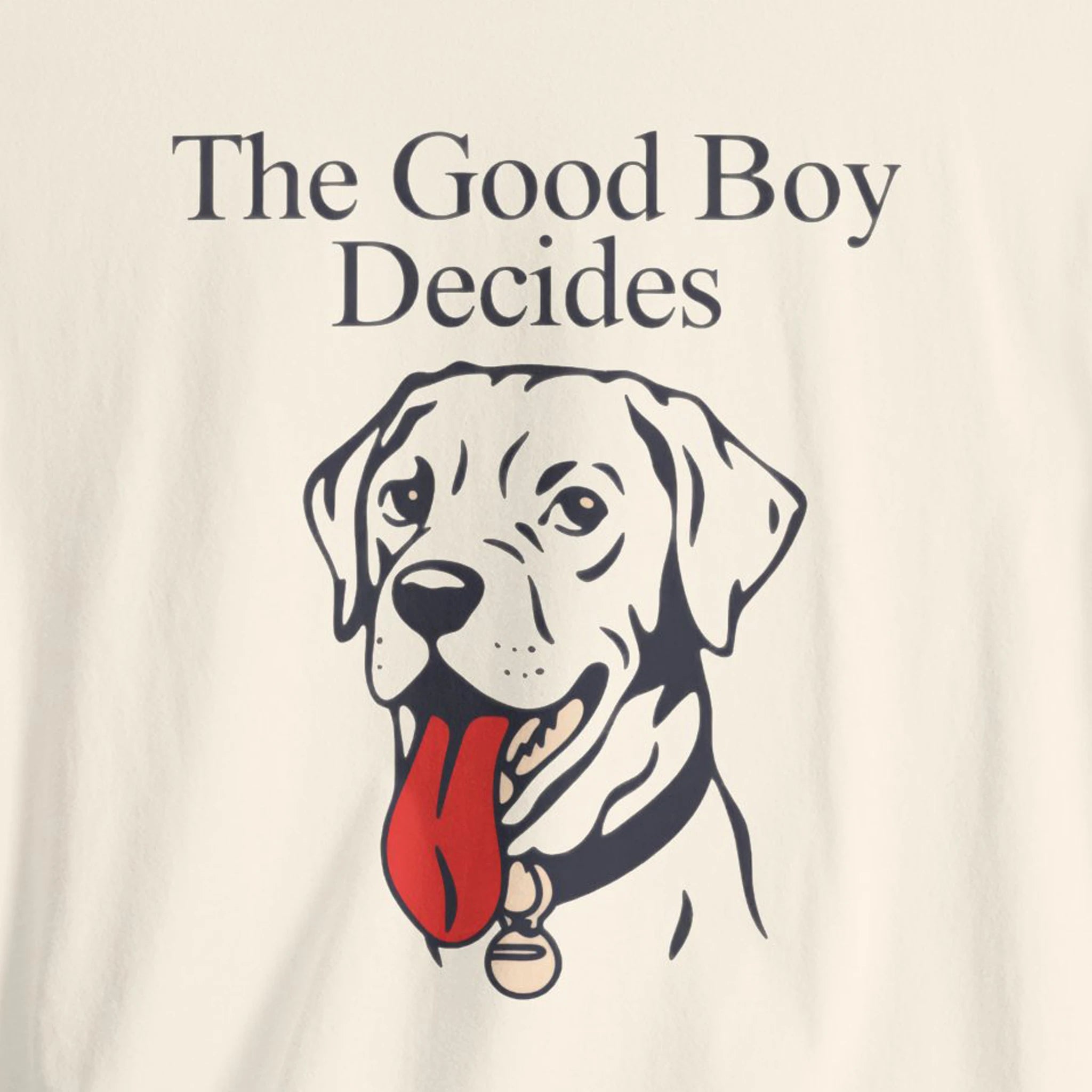 Dog illustration and 'The Good Boy Decides' text on a beige background
