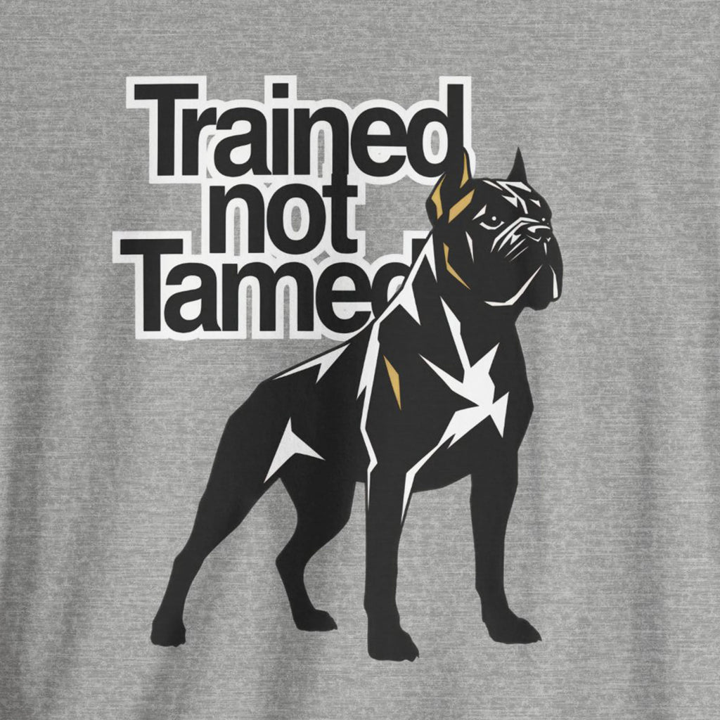 Gray t-shirt with black dog graphic and 'Trained not Tamed' text on a gray background