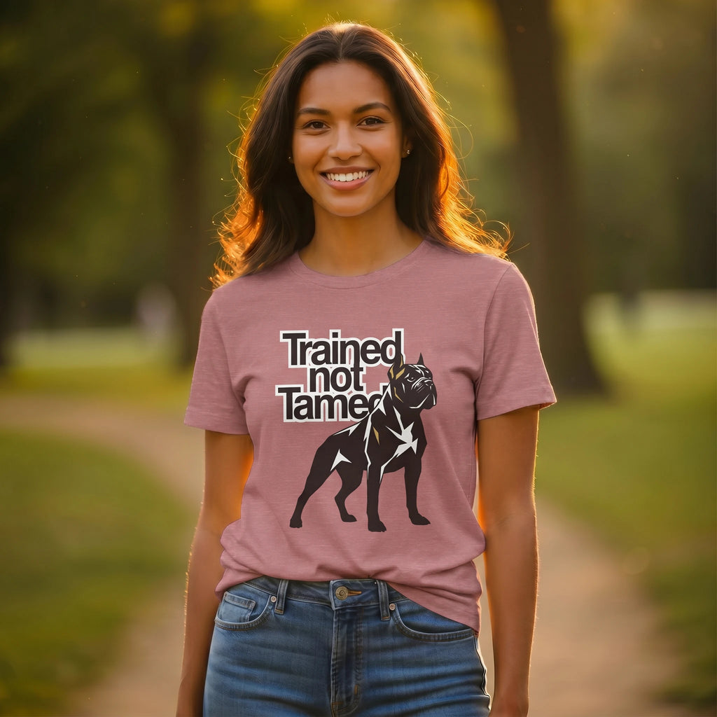 Woman wearing a t-shirt with 'Trained not Tamed' graphic in a park setting