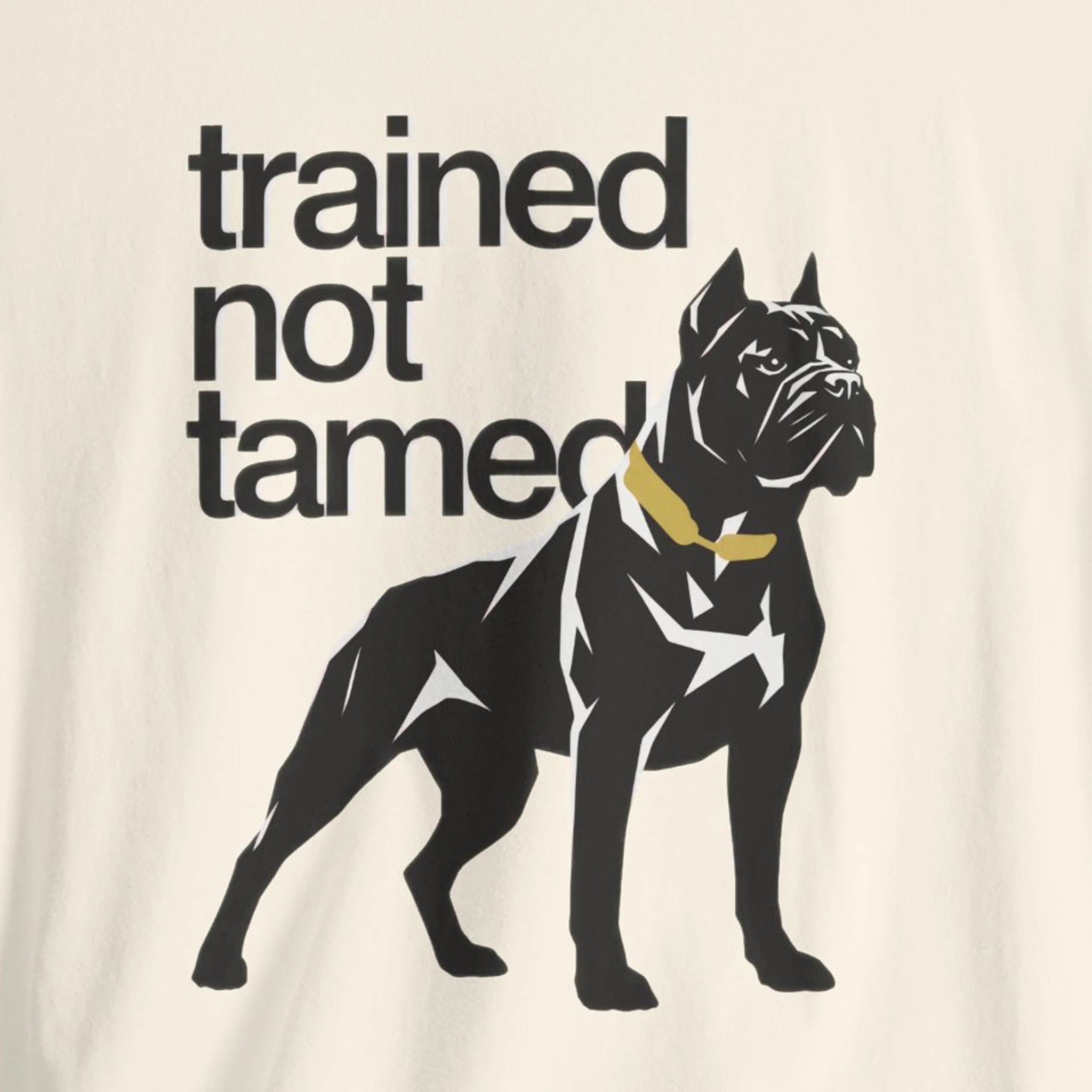 Black dog illustration with 'trained not tamed' text on a beige background