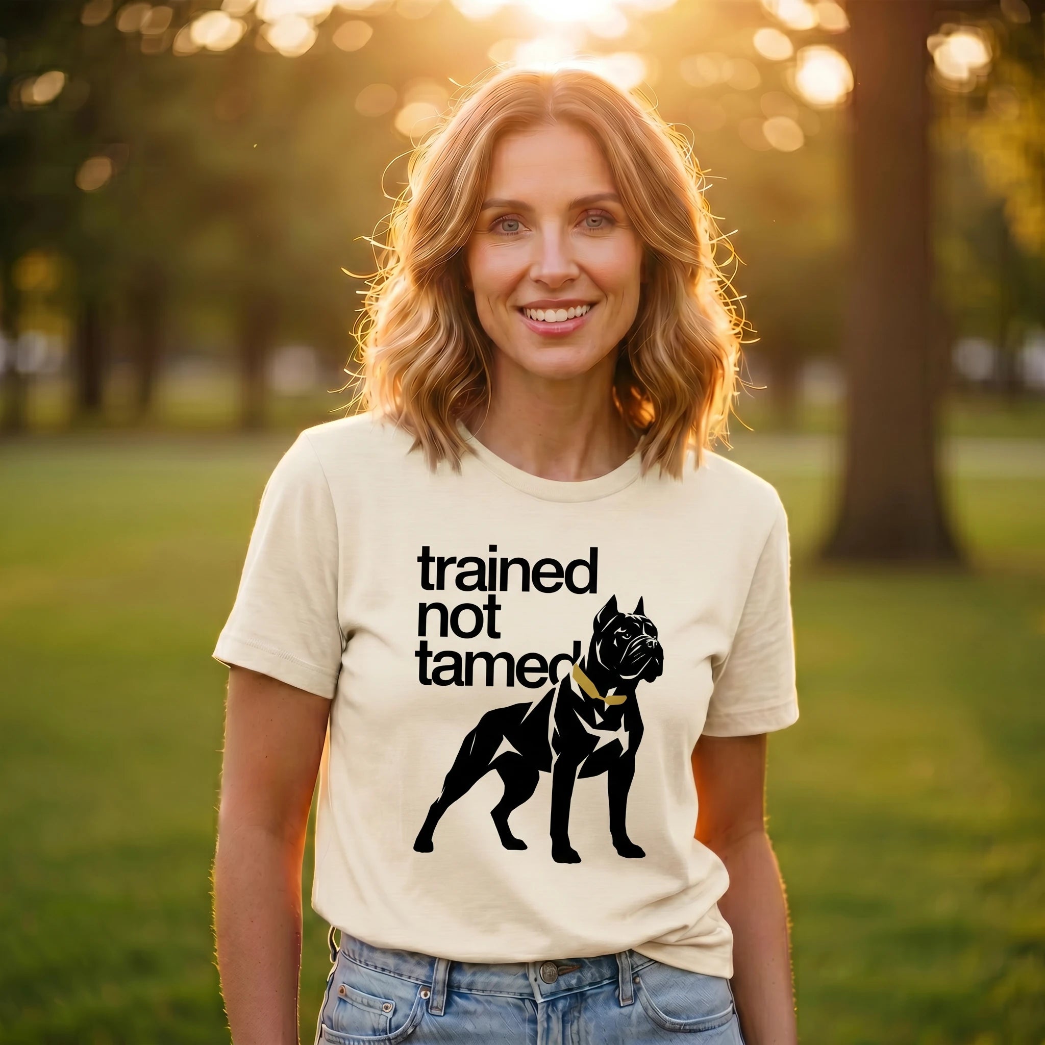 Woman wearing a beige t-shirt with black dog graphic and text 'trained not tamed' in a park 