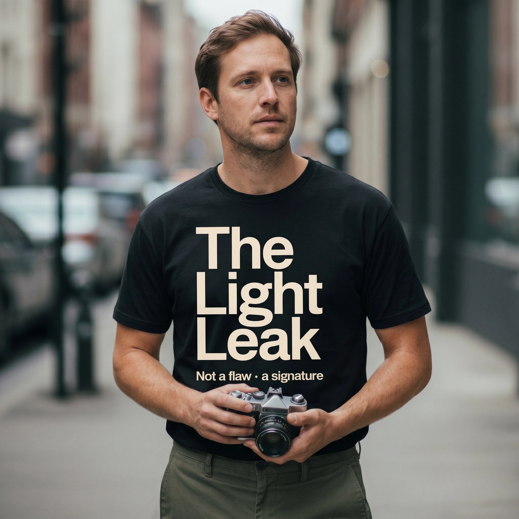 Man wearing a black t-shirt with 'The Light Leak' text, holding a camera on a city street.